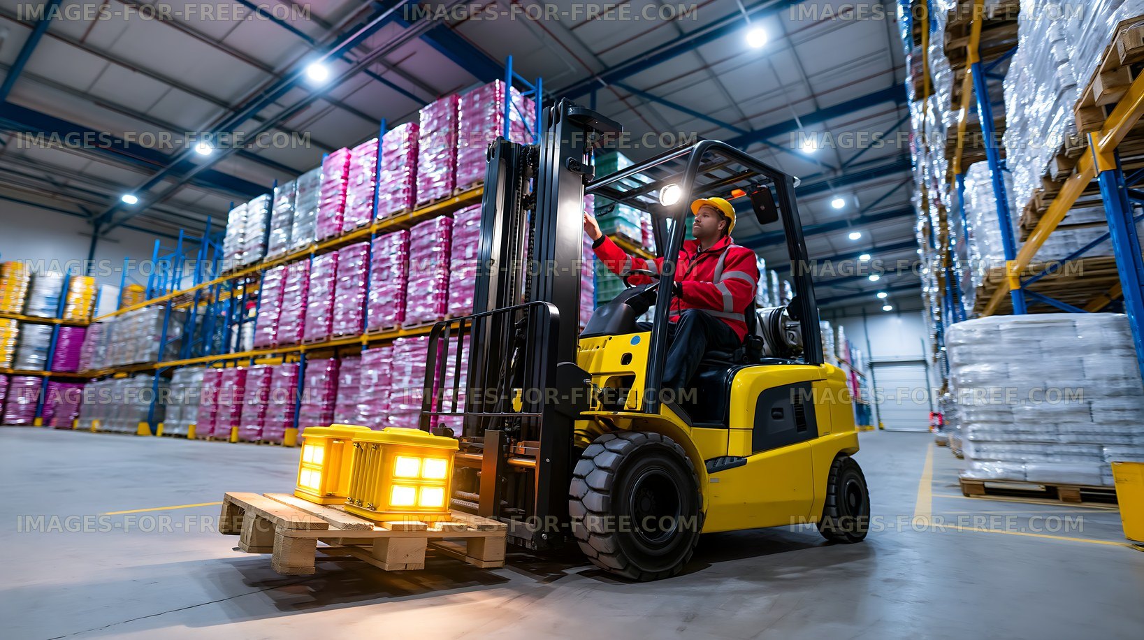 Forklift operator moving pallets in a warehouse