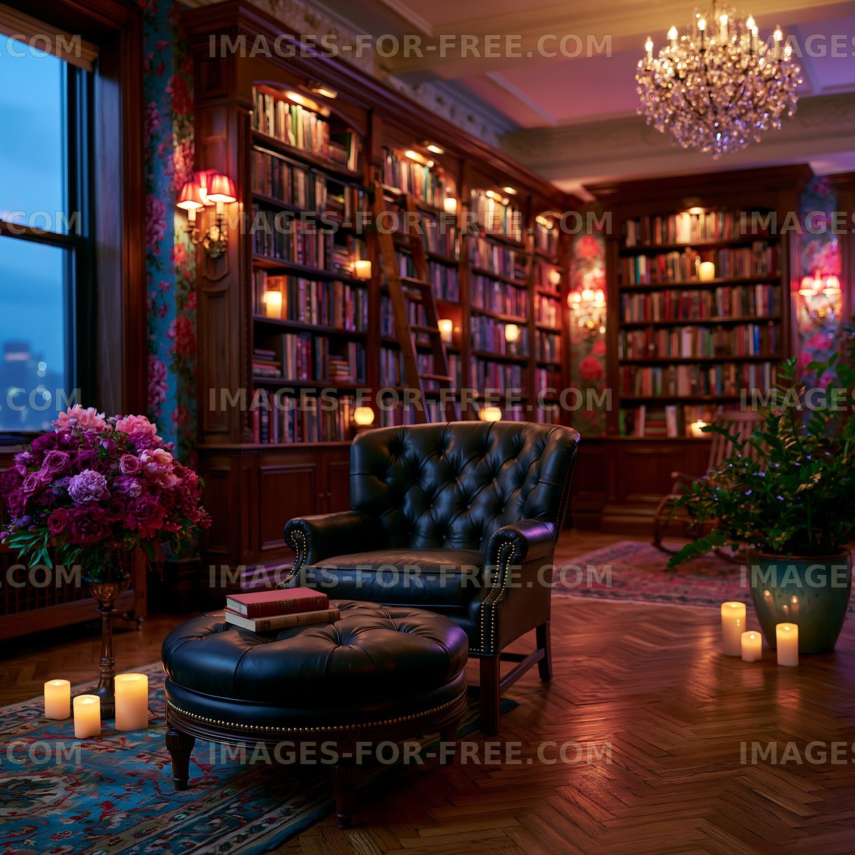 Cozy reading corner in a library at dusk with modern decor
