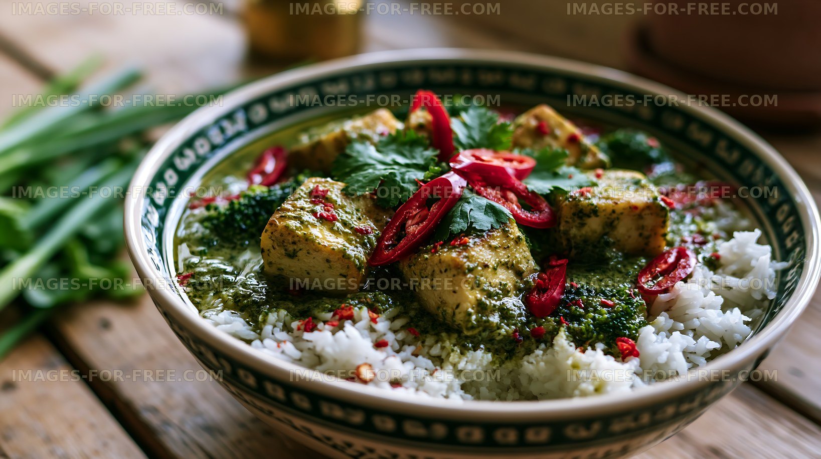 Delicious bowl of rice topped with green curry and tofu
