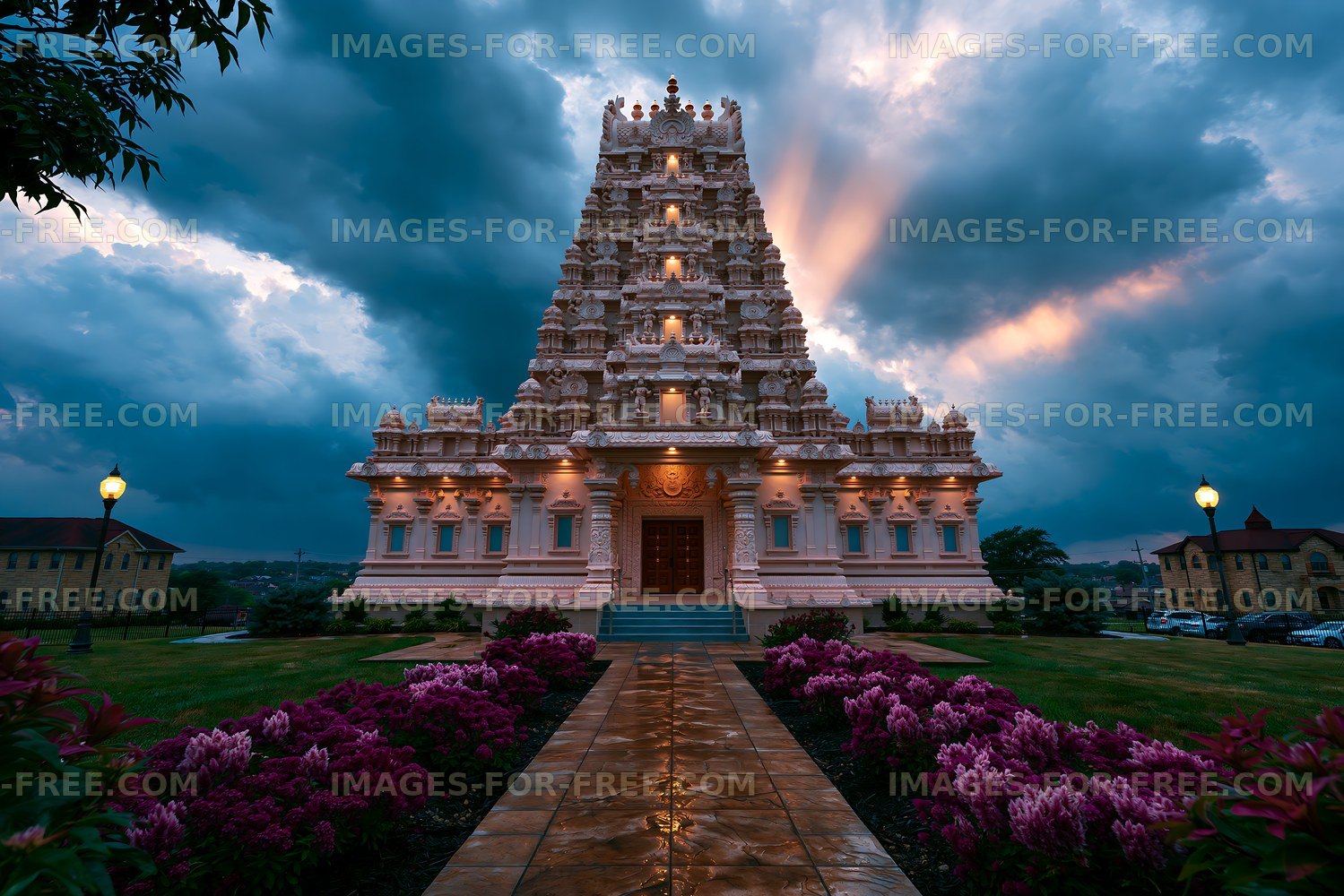 Temple stands under a cloudy sky with sun rays in the background