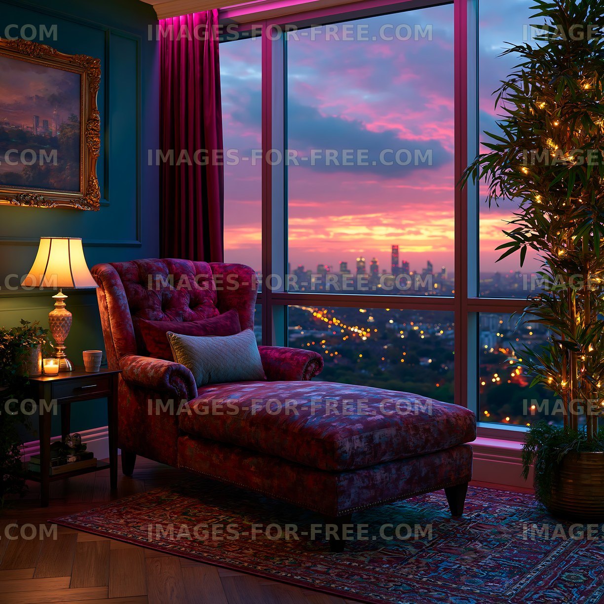 Comfortable chair by the window with urban sunset view