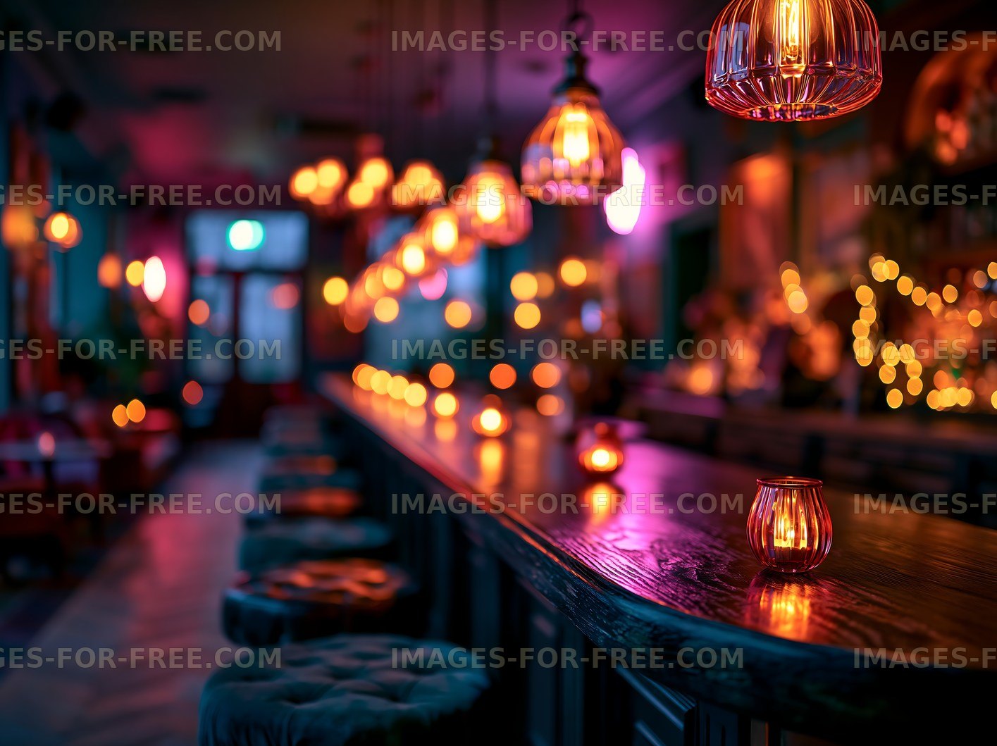 Bar interior with glowing lanterns and warm lighting at night
