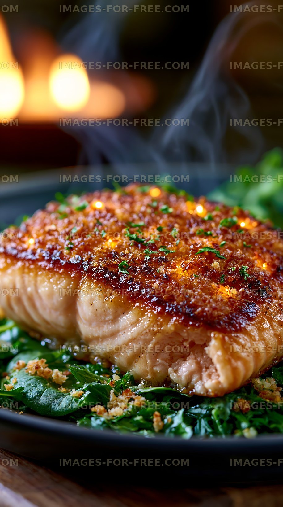 Salmon fillet served on a bed of greens with steam rising