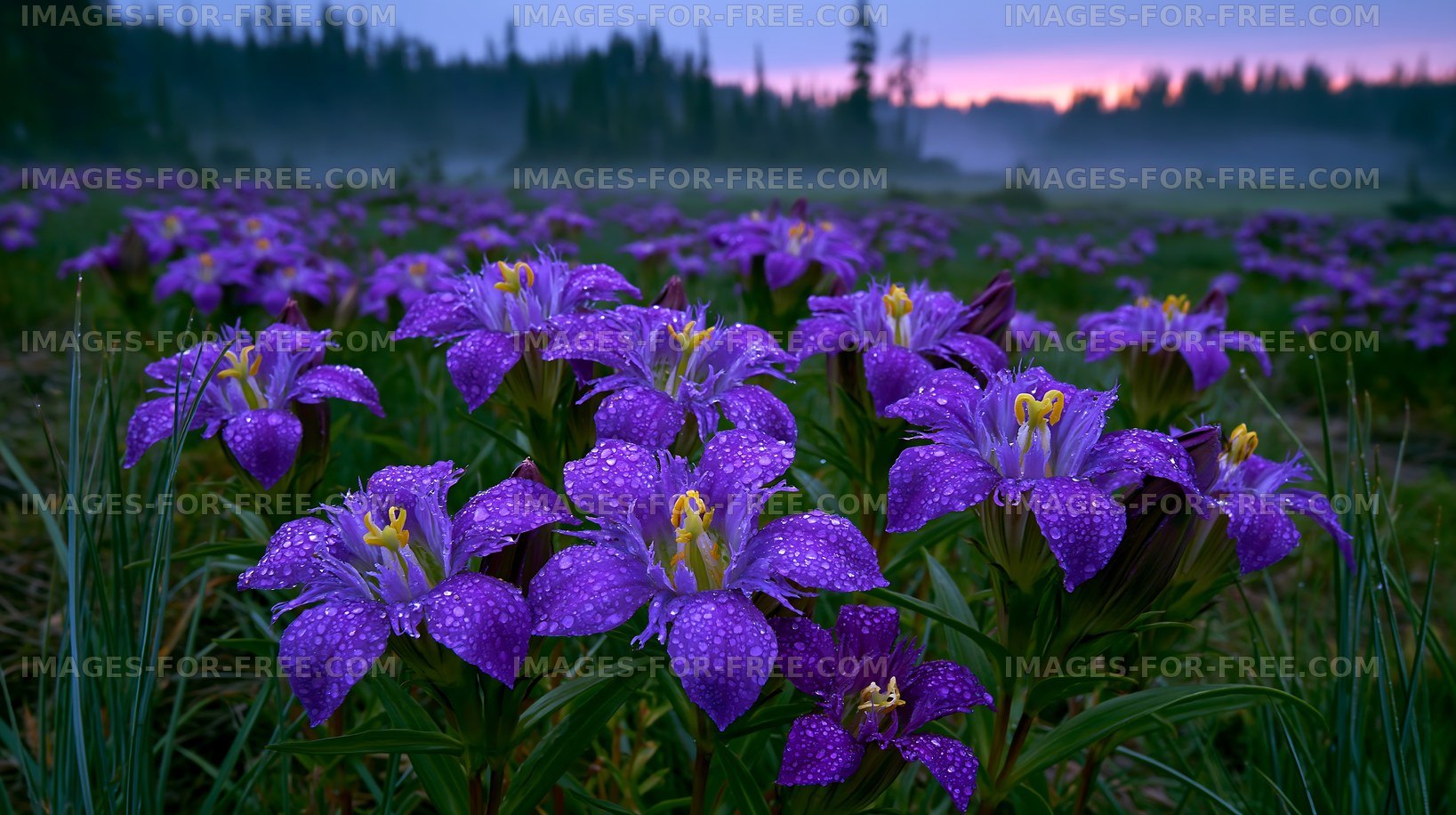 Purple flowers bloom in a field at dawn with dew on petals
