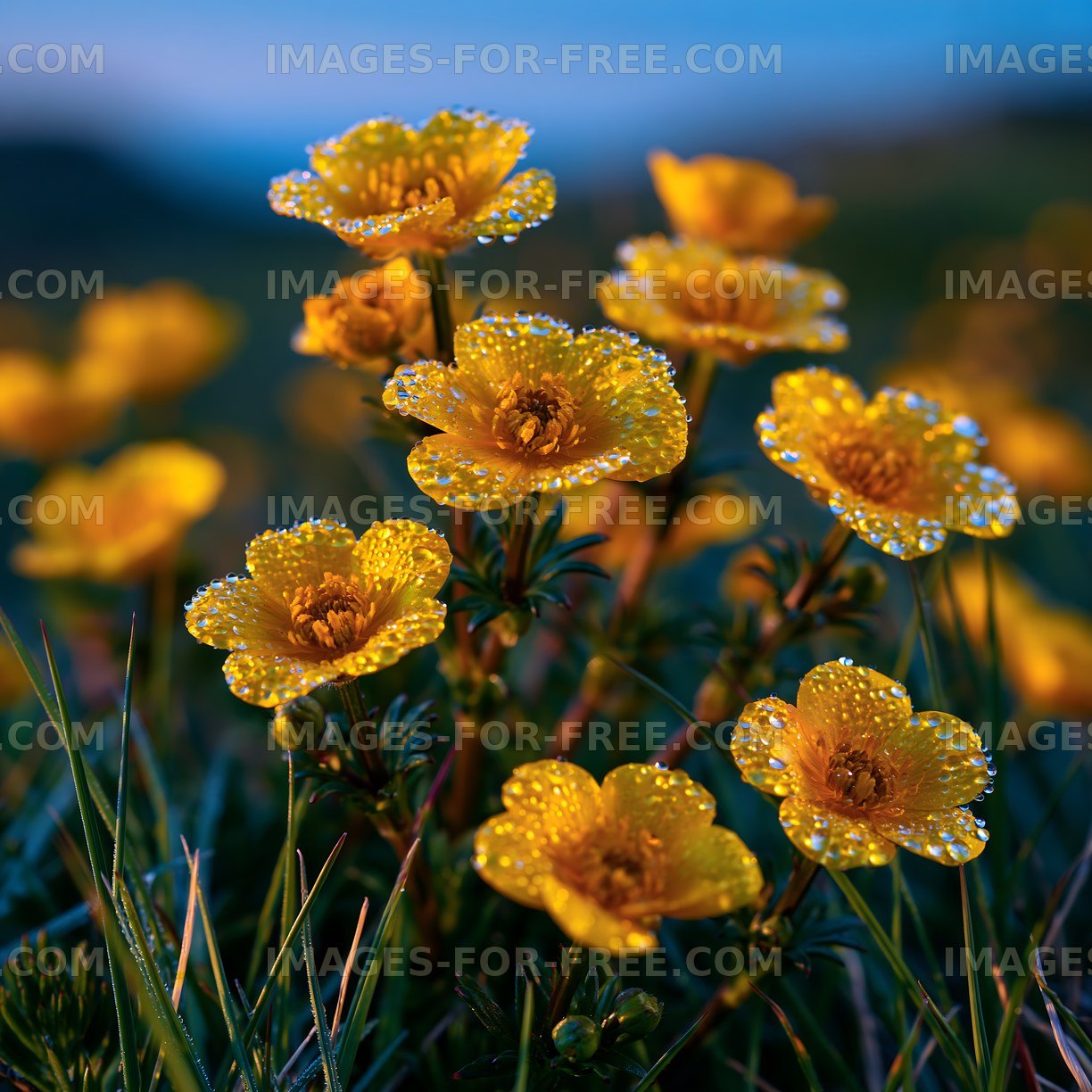 Yellow flowers with raindrops on petals in a field