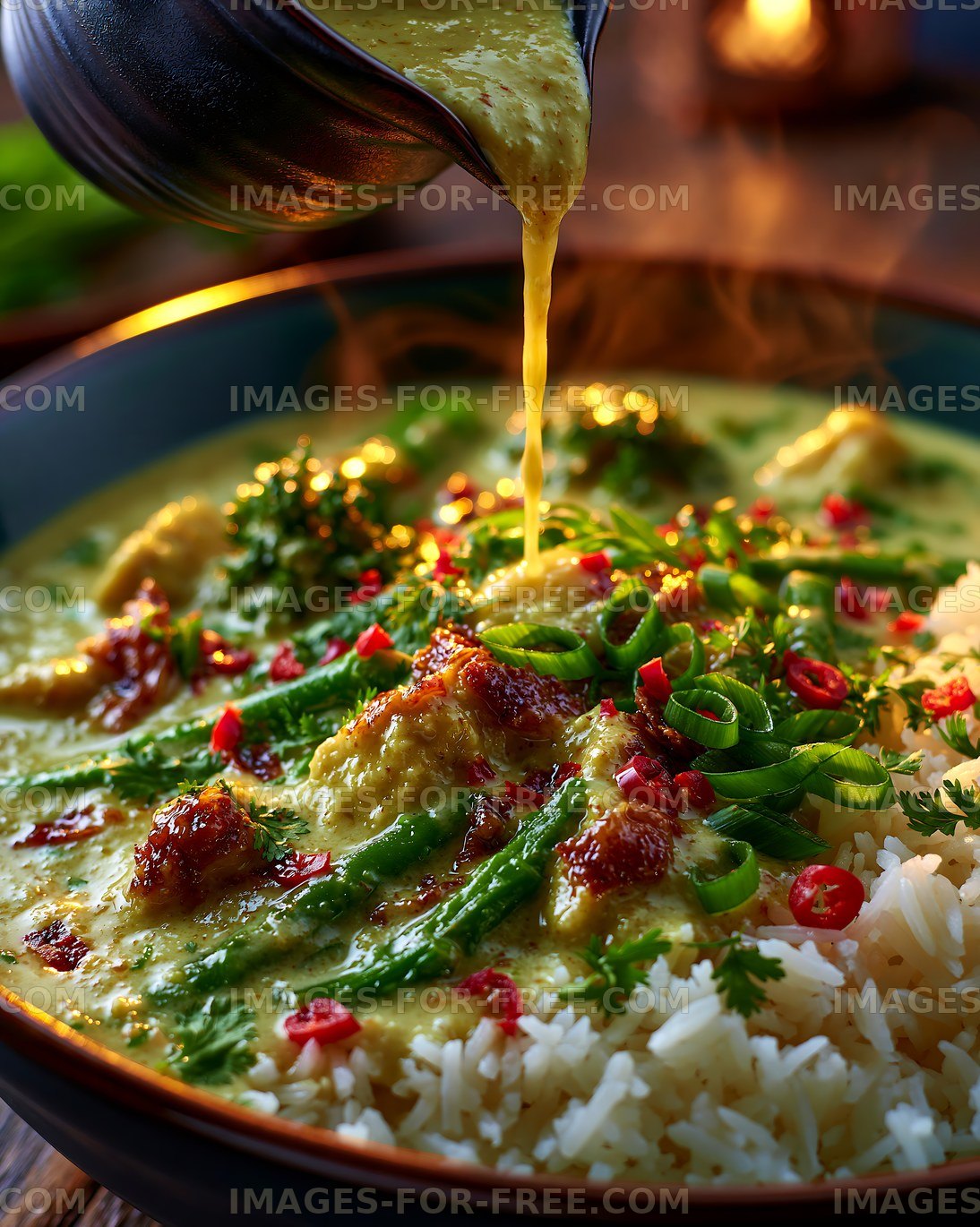 Delicious curry dish served with rice and fresh herbs