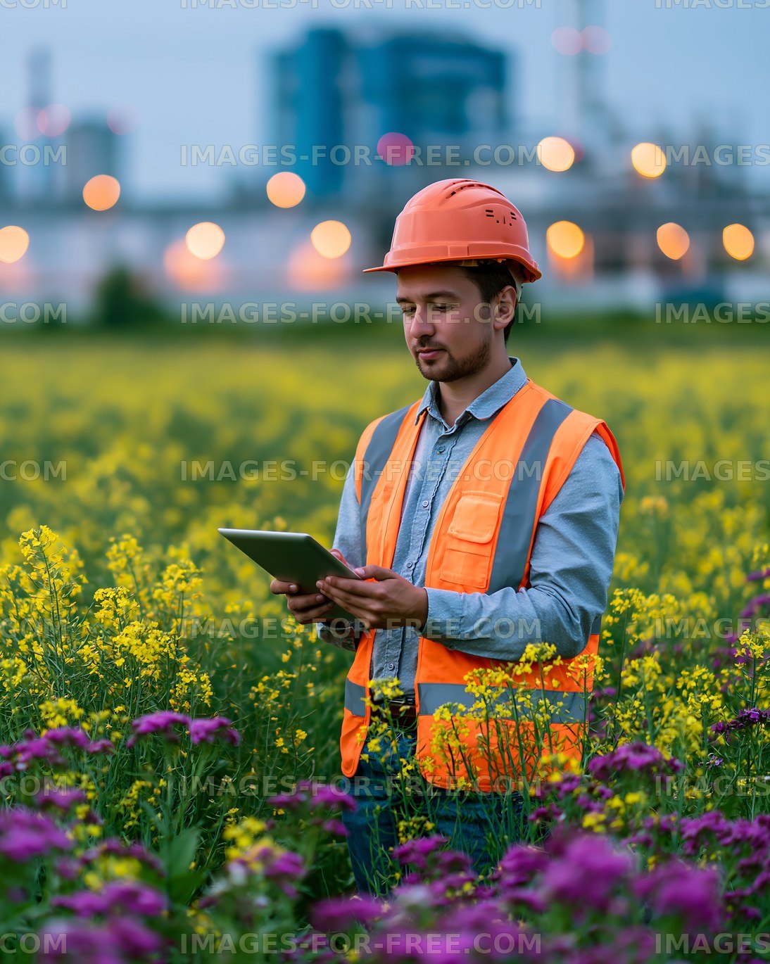 Worker in safety gear using a tablet in a field of flowers