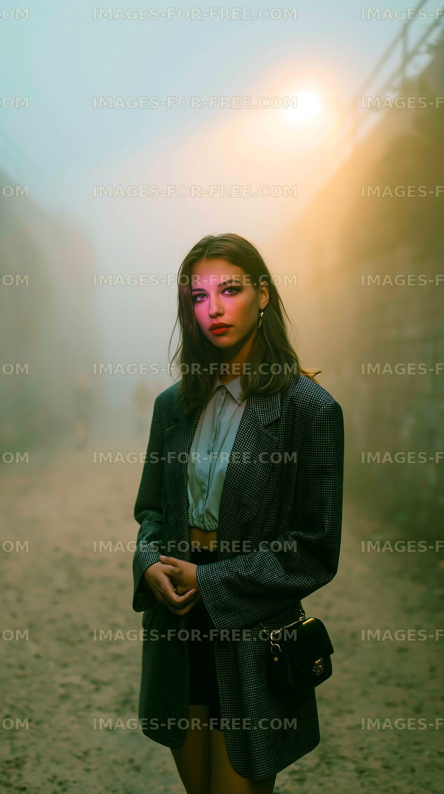 Young woman stands in foggy street with city lights
