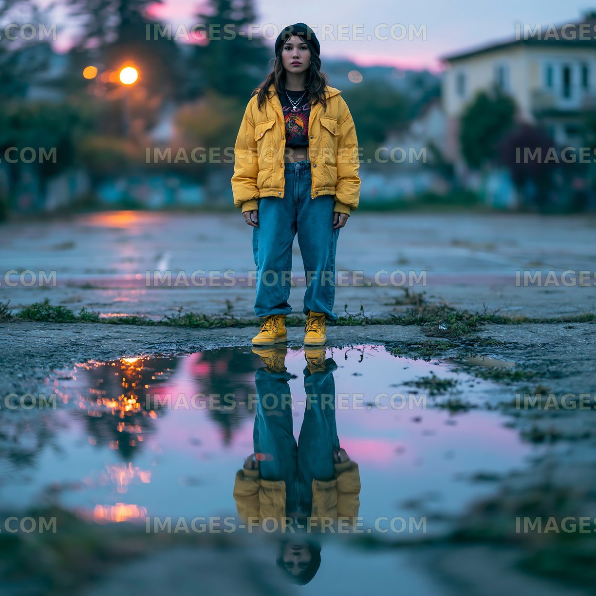 Girl in yellow jacket standing by puddle at twilight
