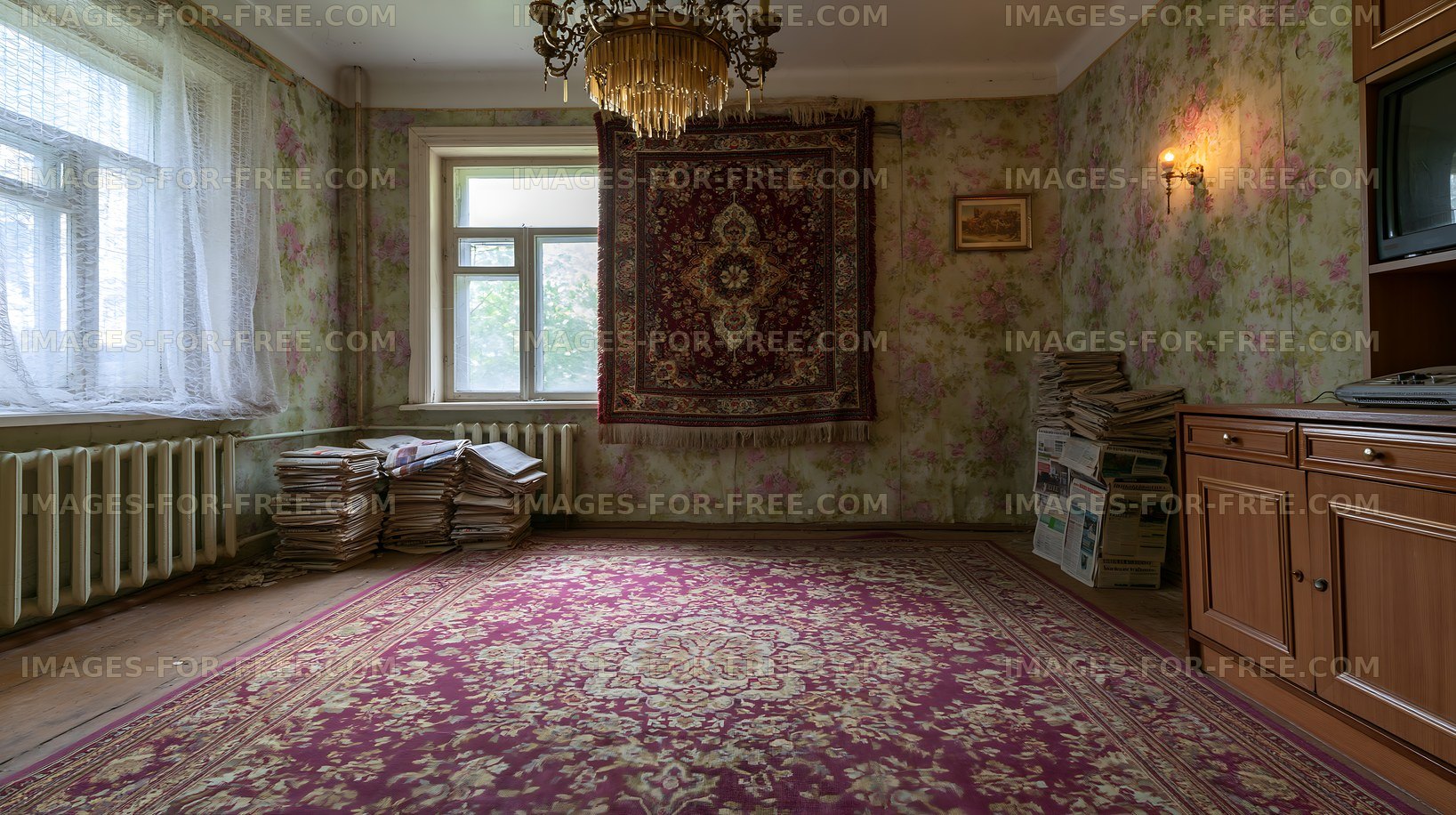 Old room with vintage decor and cluttered newspapers