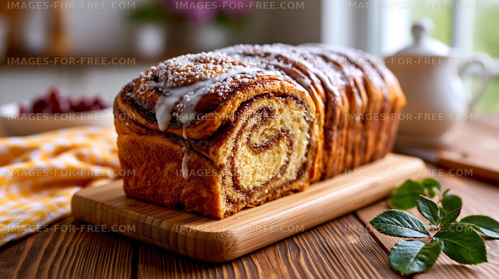 Cinnamon roll bread on wooden board with soft light