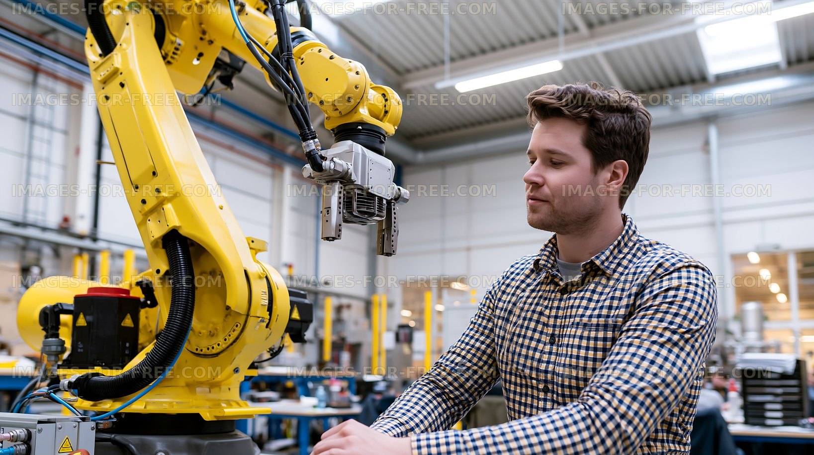 Worker operates robotic arm in industrial workshop
