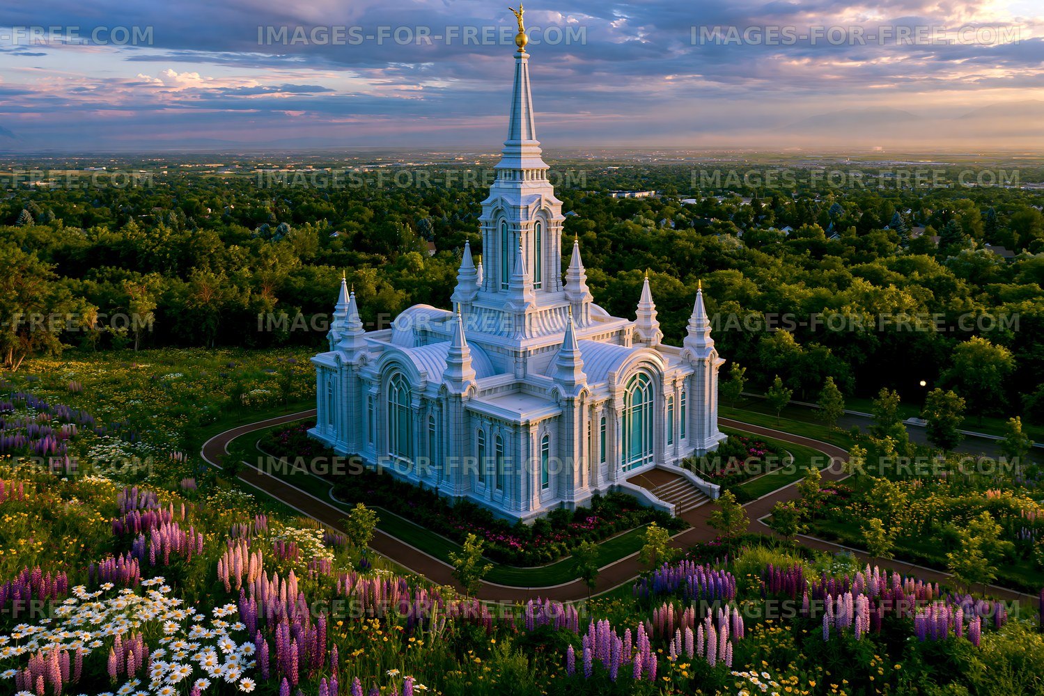 White church building surrounded by green trees and flowers