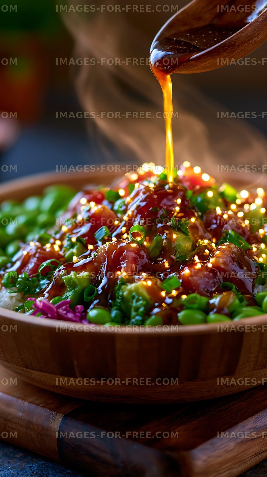 Fresh salad with sauce being poured over the top