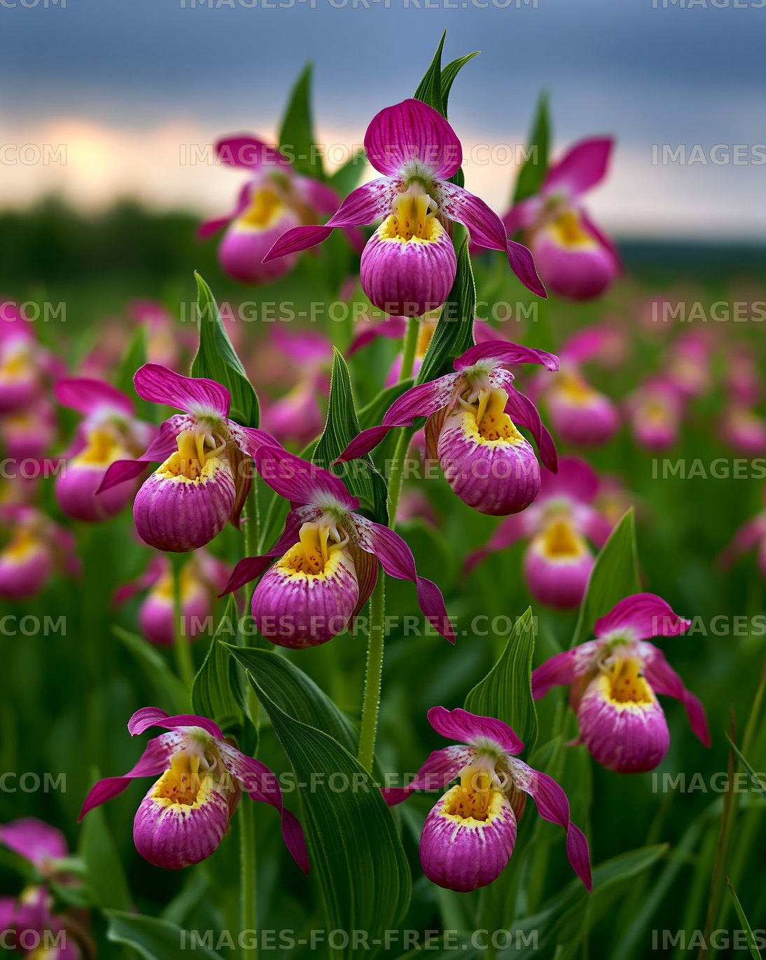Colorful pink orchids bloom in a field during the day
