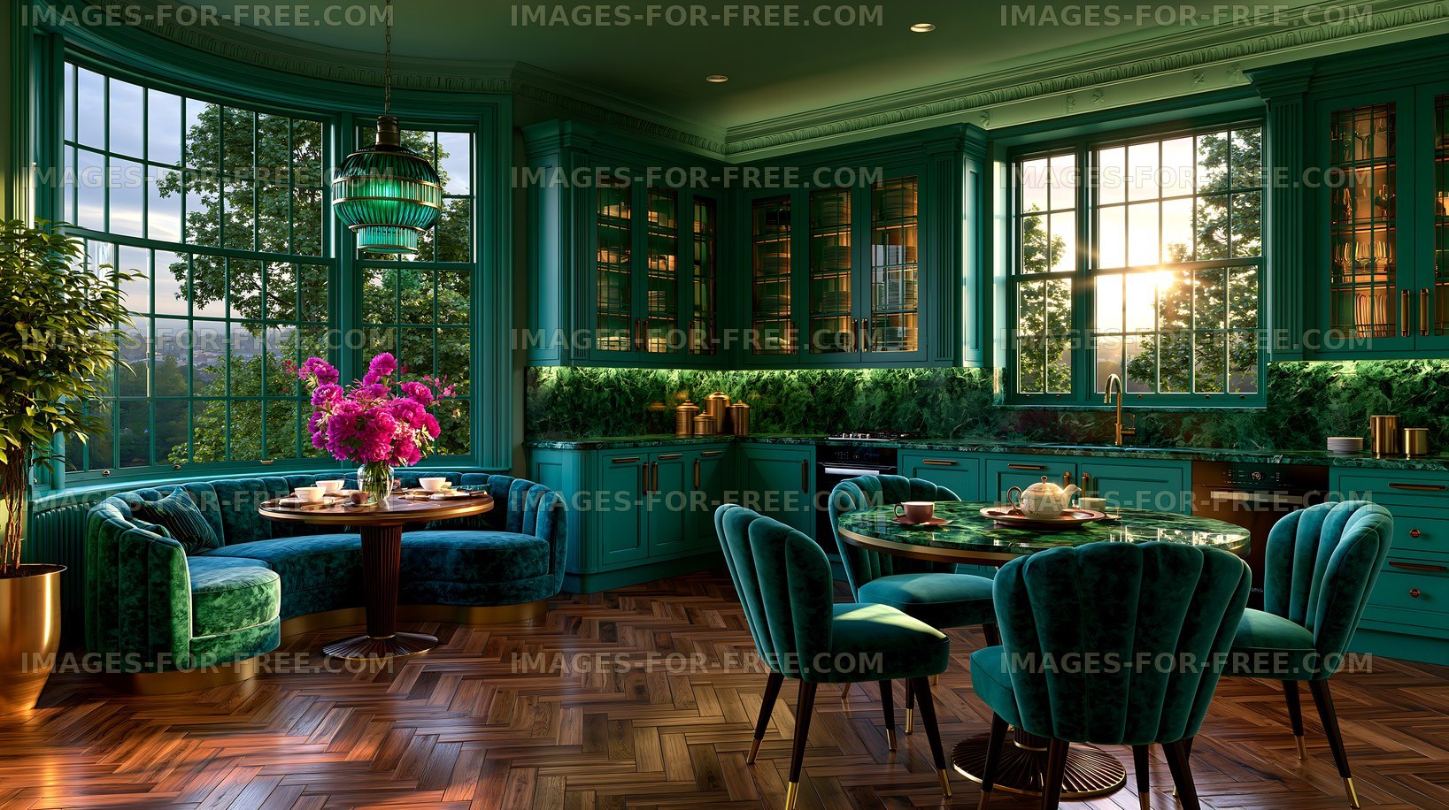 Modern kitchen with green decor and large windows