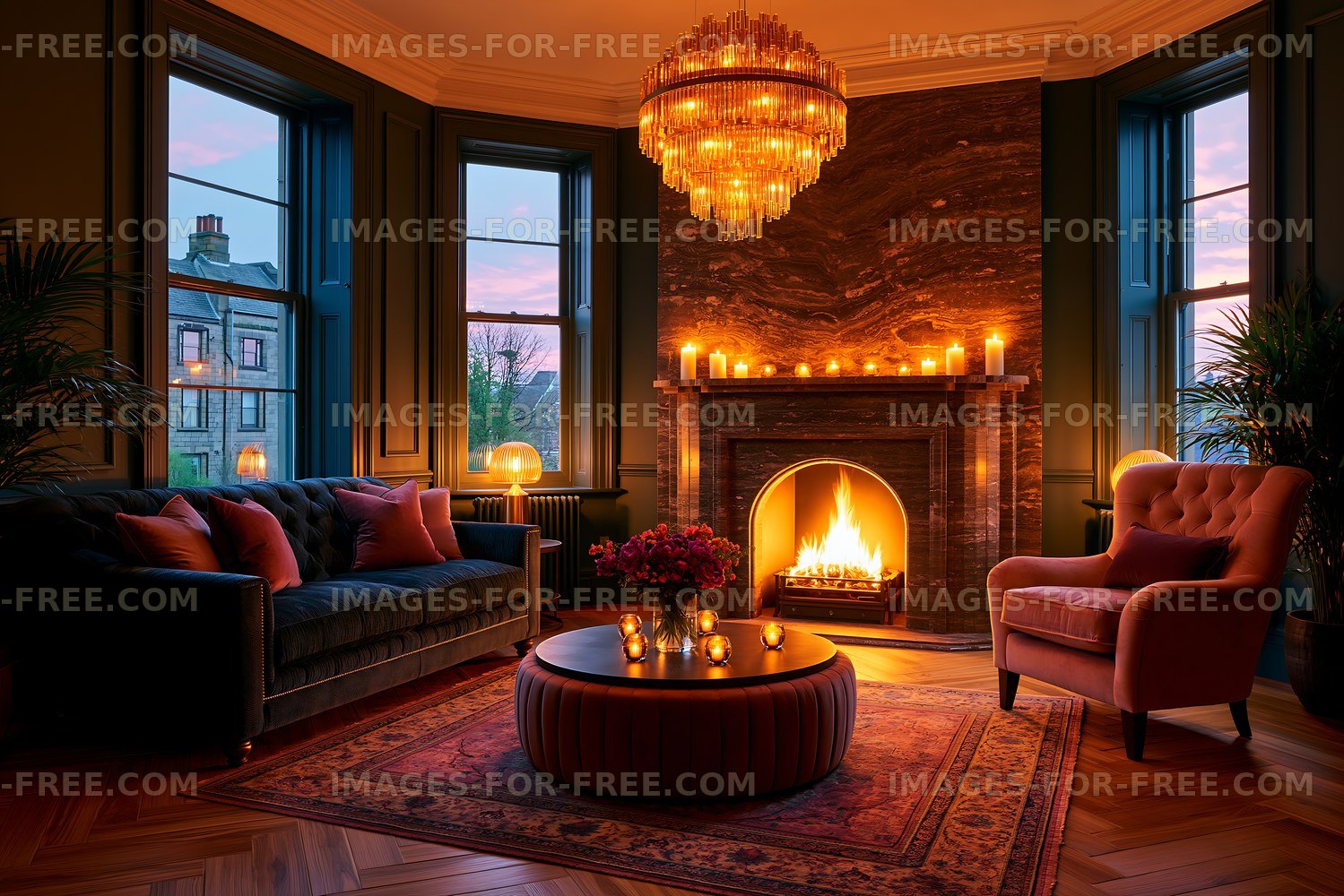 Warm living room with fireplace and evening lighting