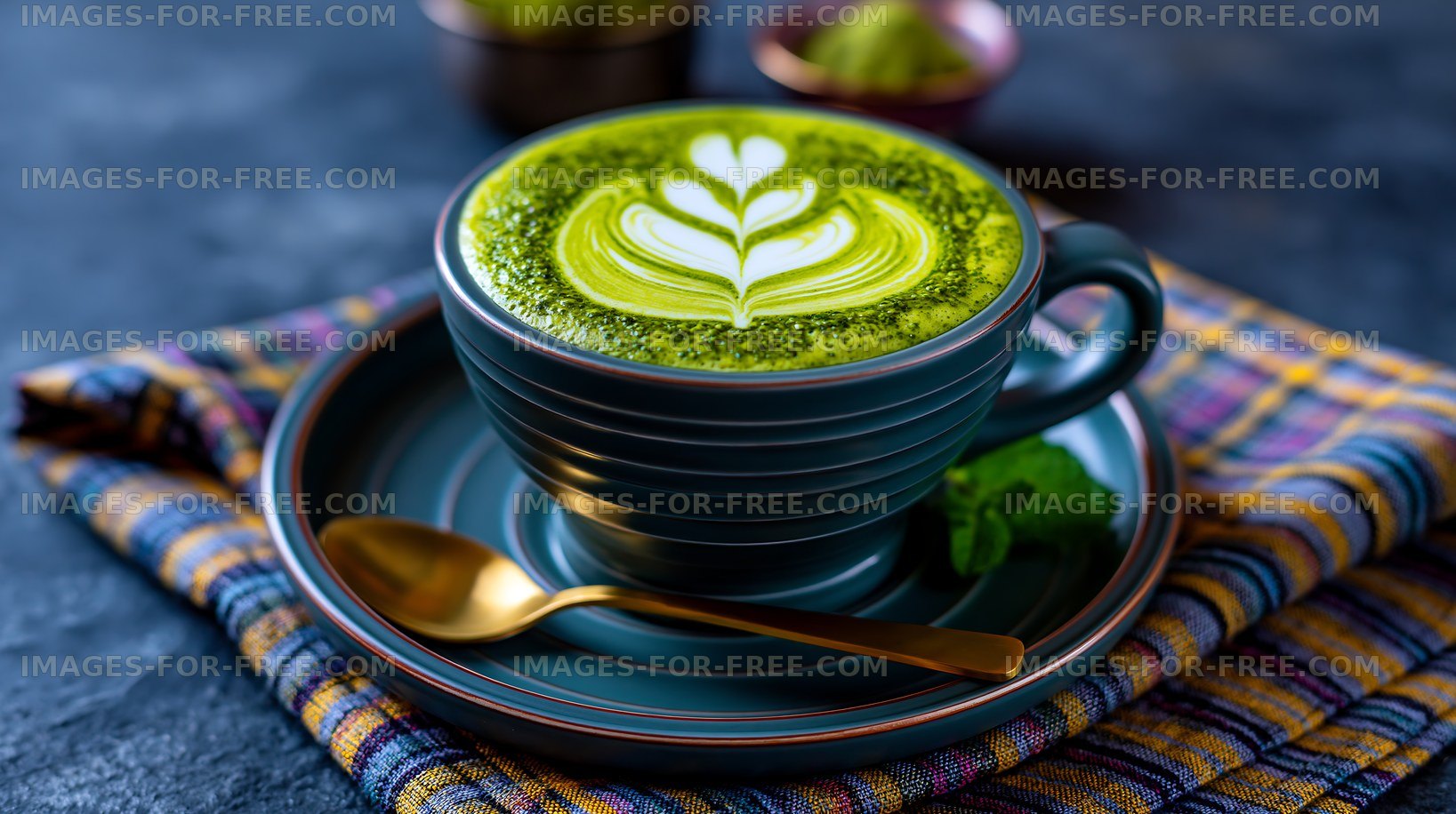 Cup of matcha latte with leaf design on top