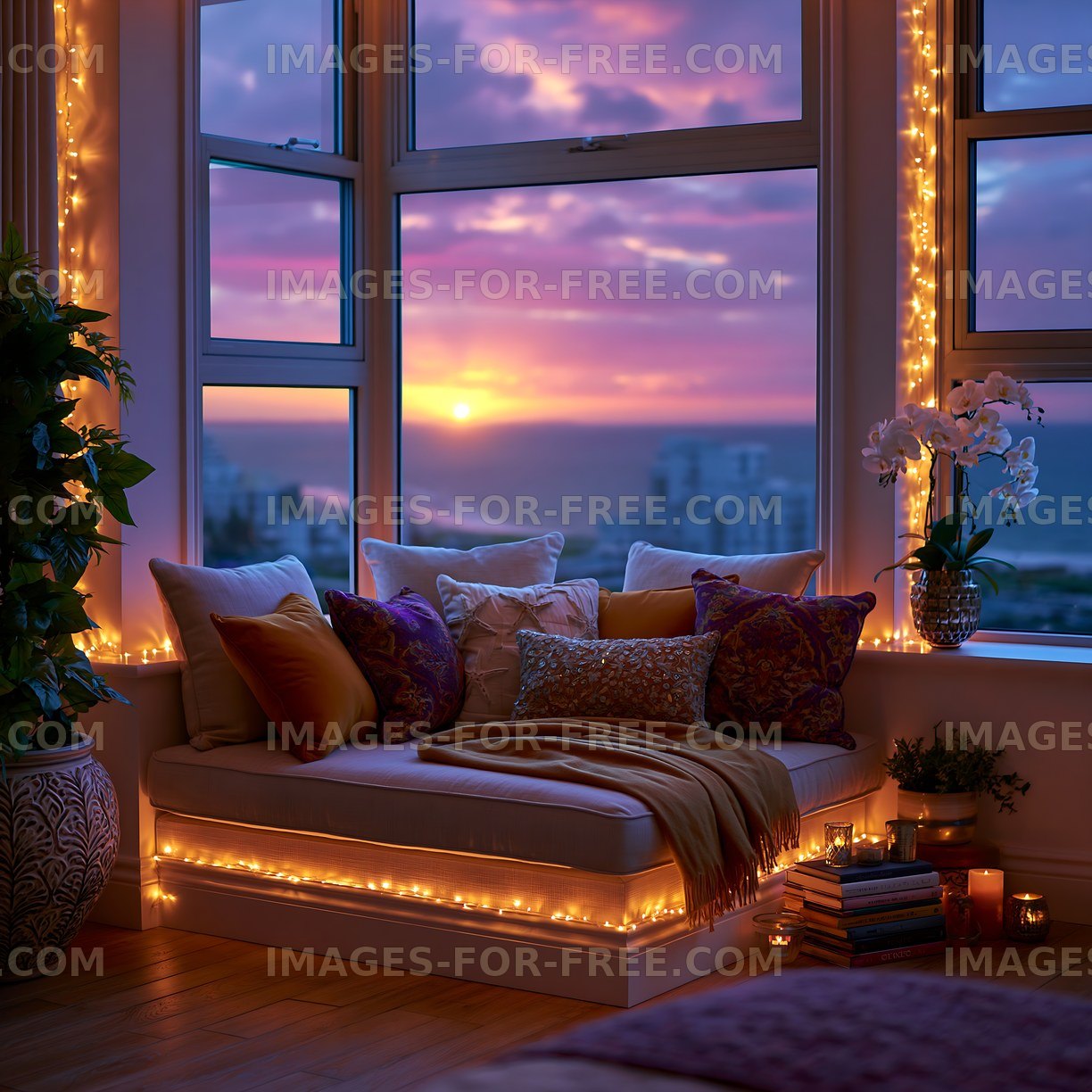 Cozy nook with cushions and warm lights by the window at sunset