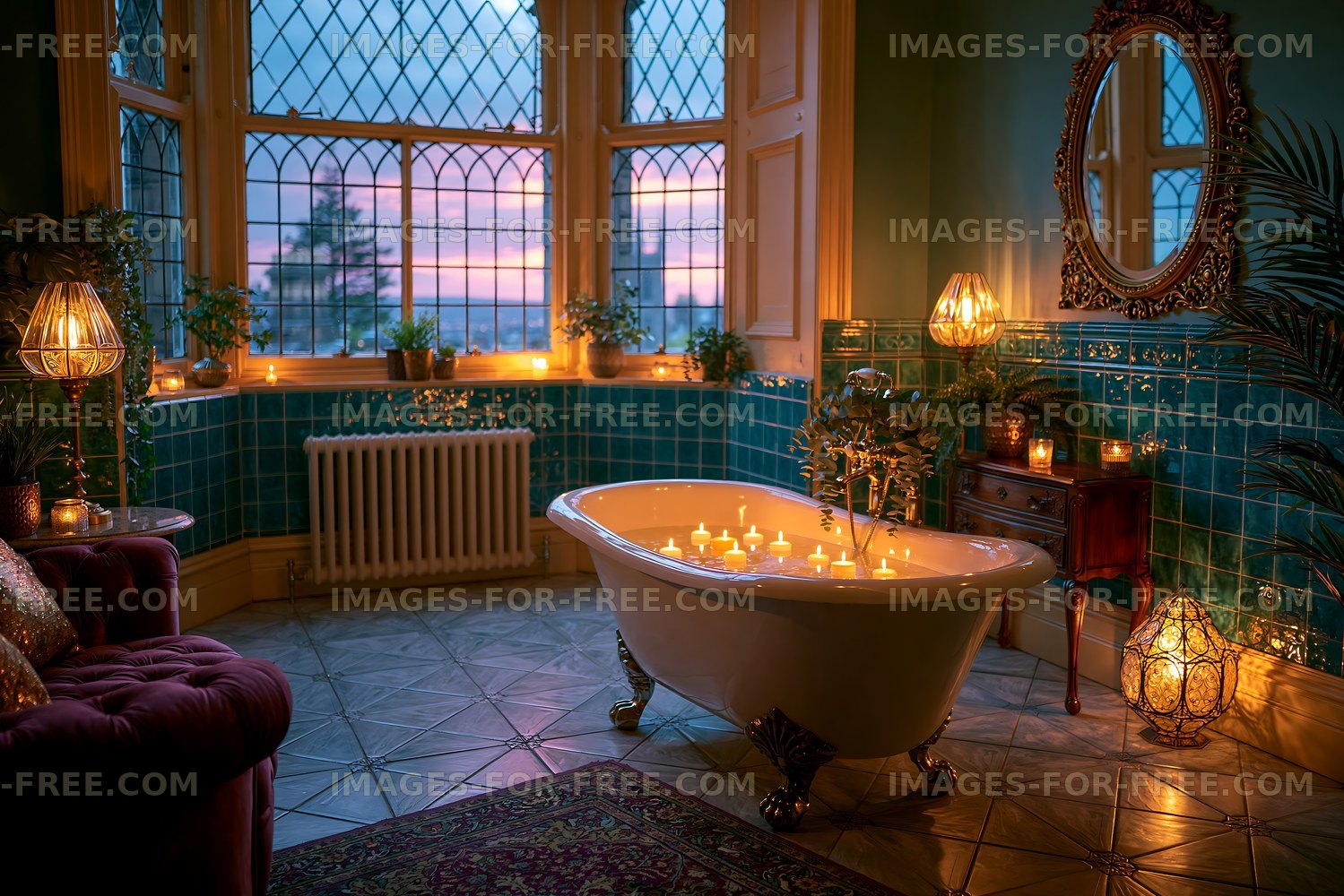 Relaxing bath scene with candles and sunset view