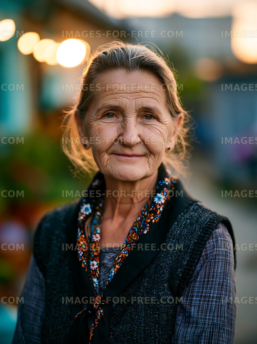 Elderly woman standing outdoors with blurred background