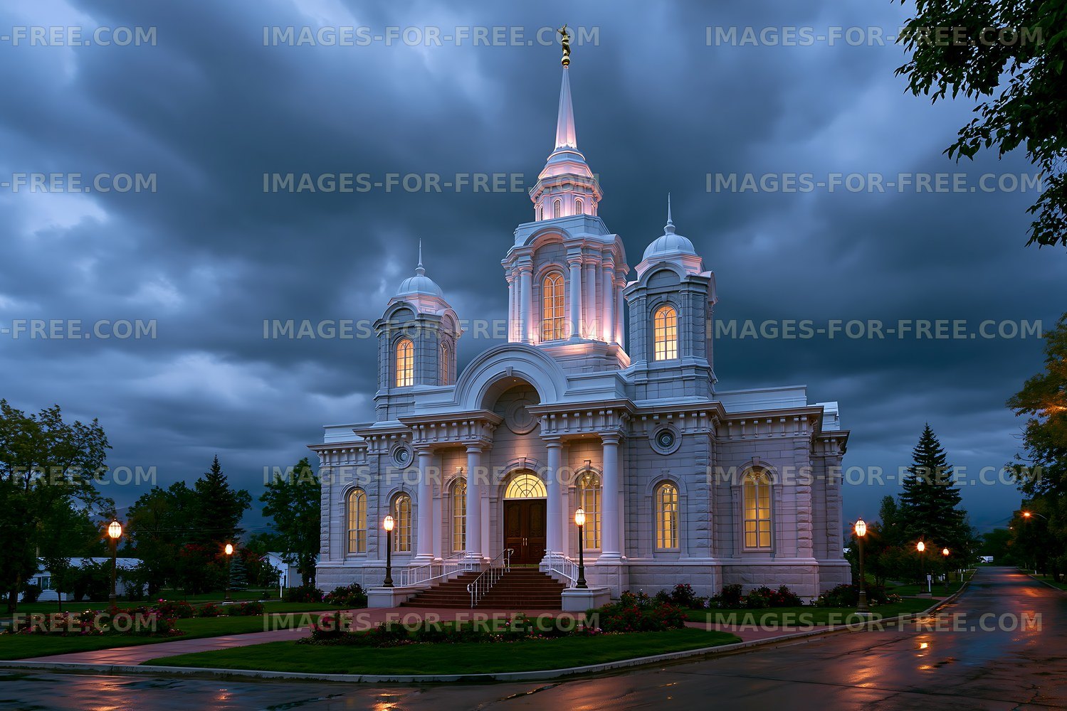 Church building with lights on during a cloudy evening