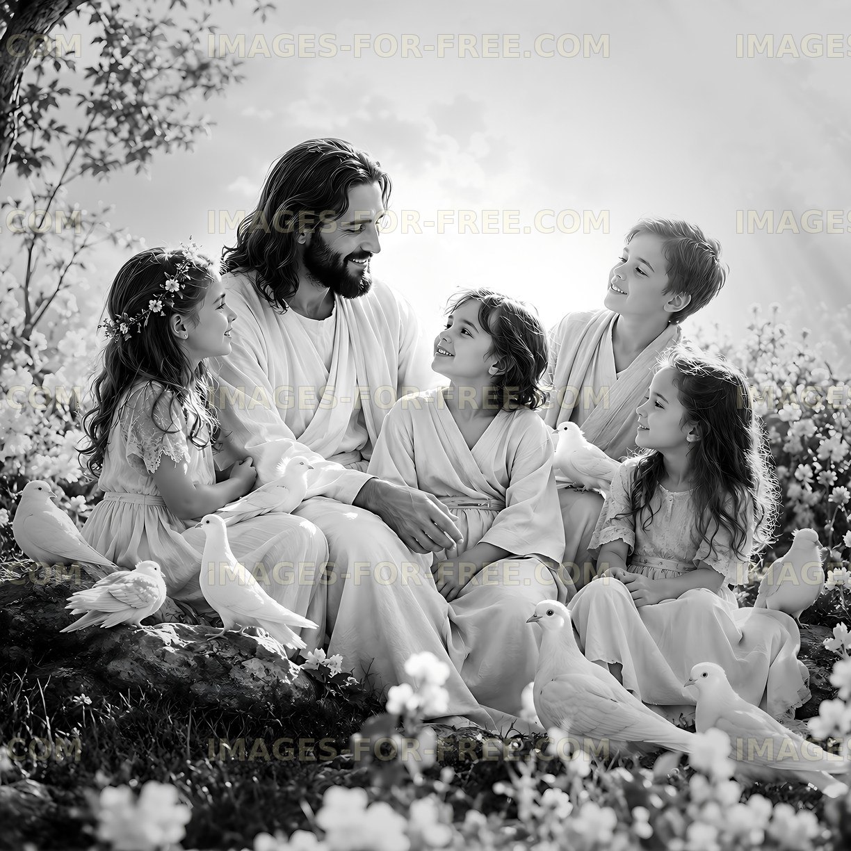 Children with person sitting in flowers with doves around them