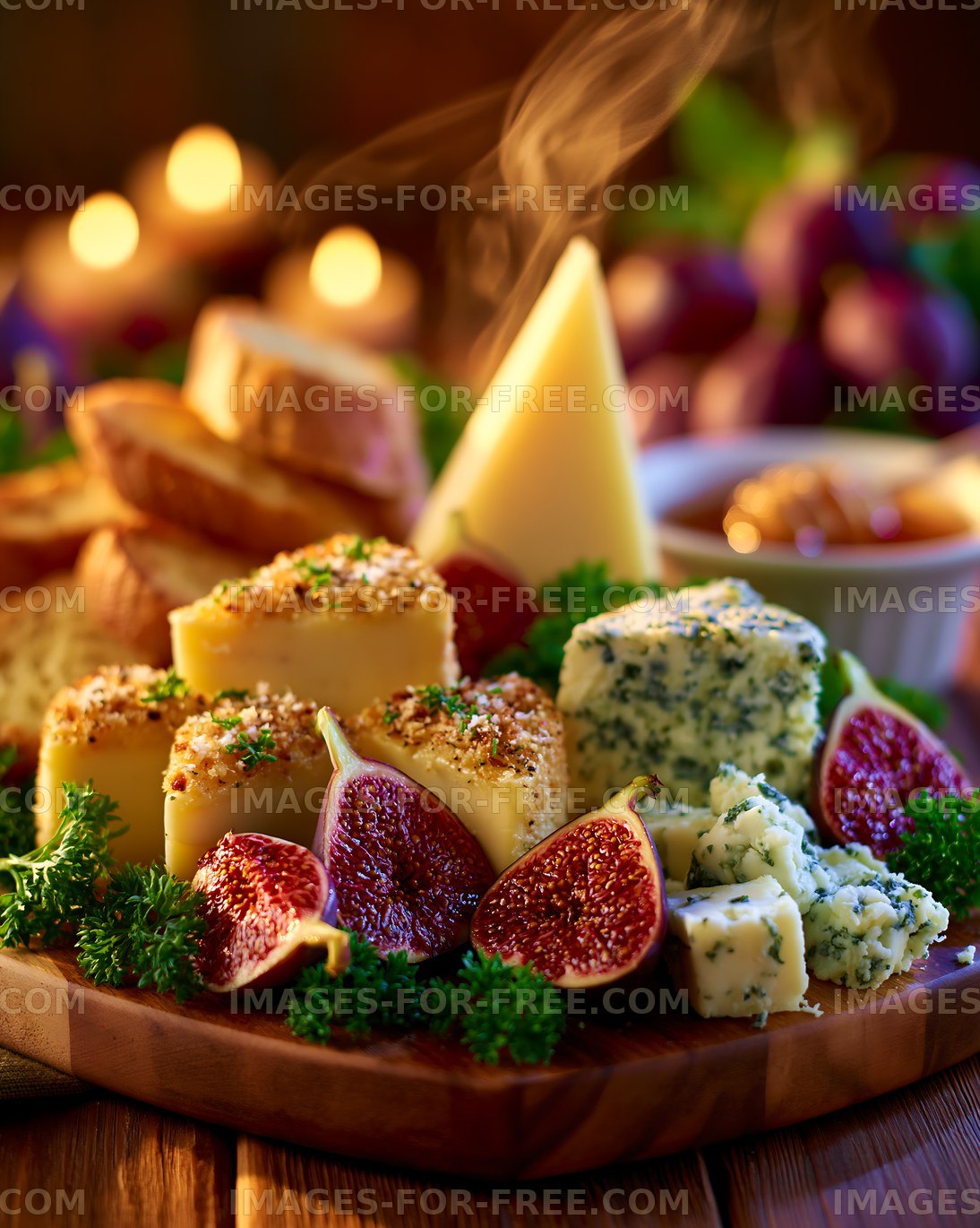 Cheese and fig platter with bread and dips on wooden table