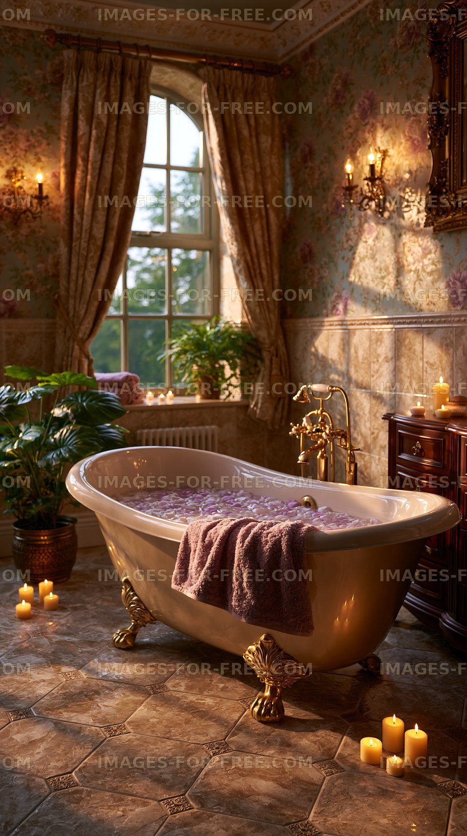 Relaxation scene in a vintage bathroom with candles and plants