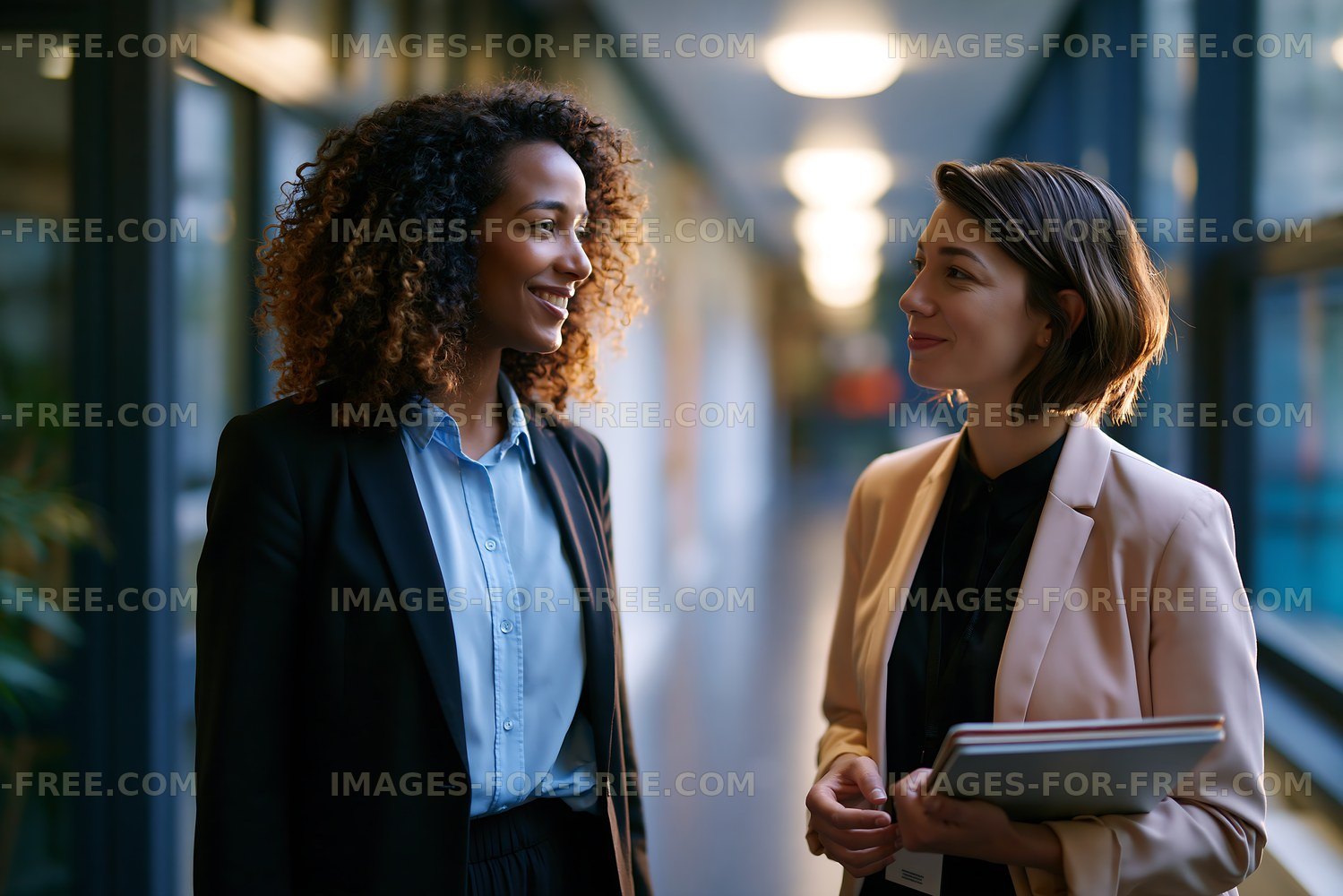 Two women talking in a modern office corridor during daytime
