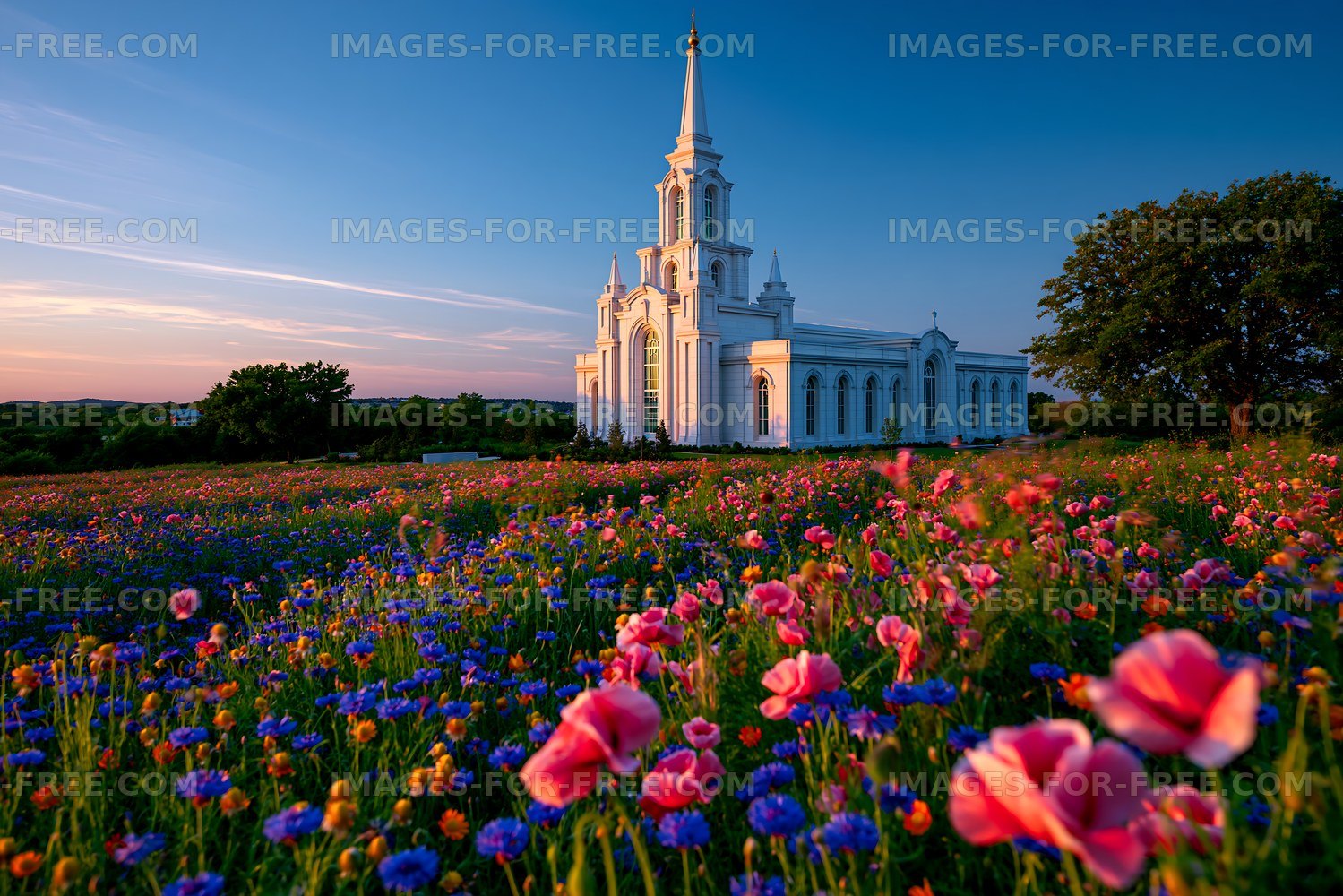 Church surrounded by colorful flowers during sunset