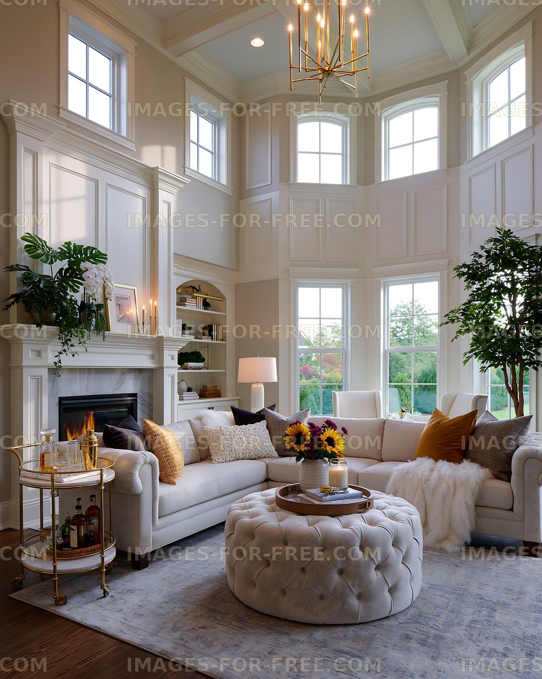 Cozy living room with large windows and modern furnishings