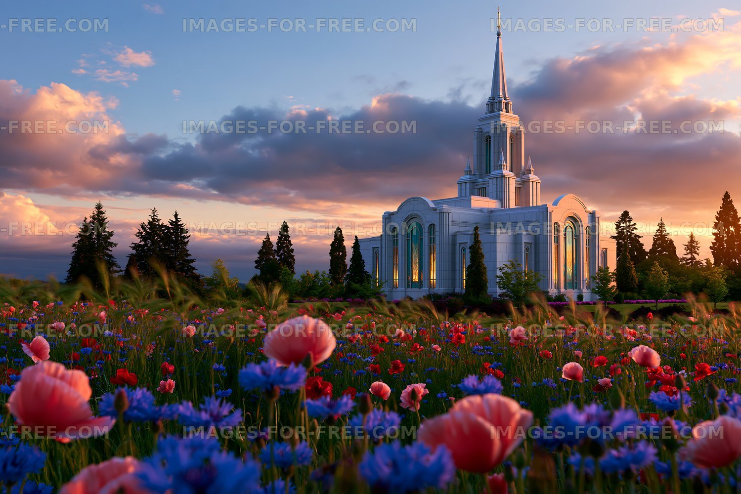 Flowers surround a temple at sunset near a forest