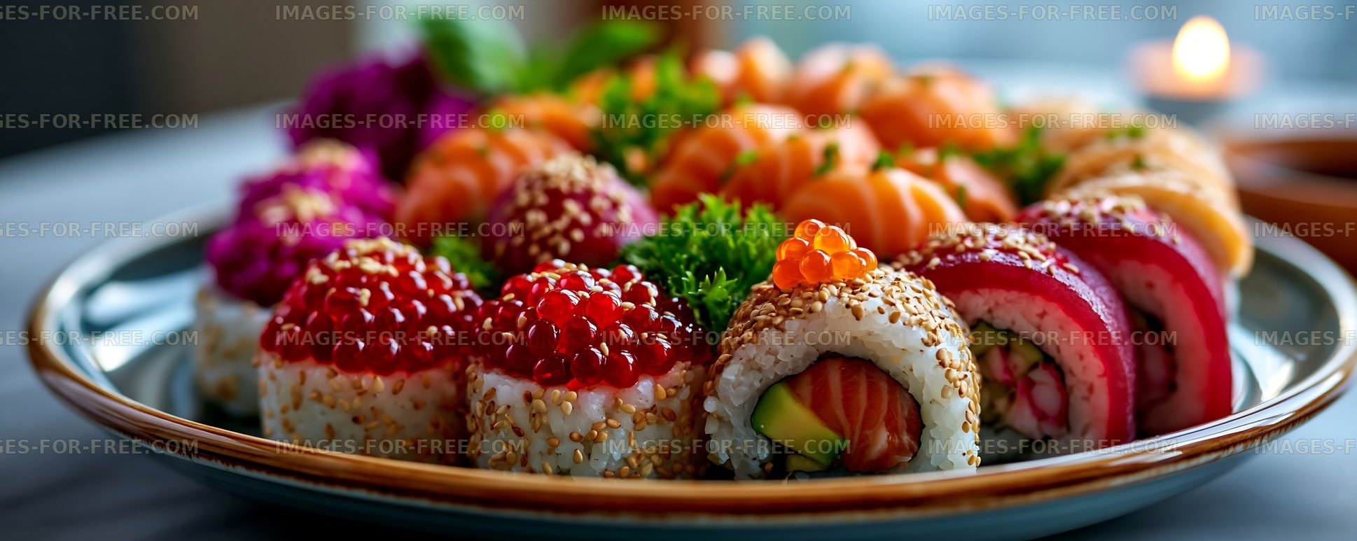 Sushi platter featuring assorted rolls and sashimi on a table