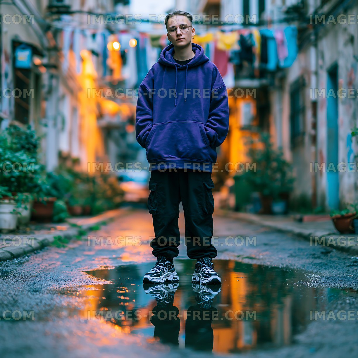 Person standing in the street with colorful clothes drying above
