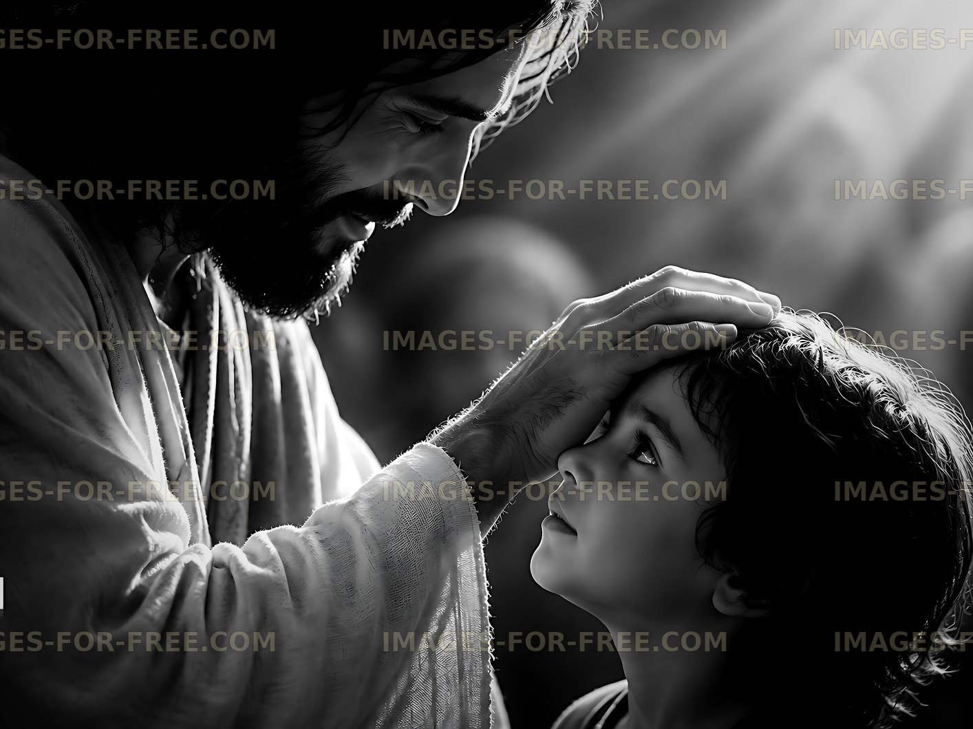 Interaction between Jesus and a child in a warm light setting