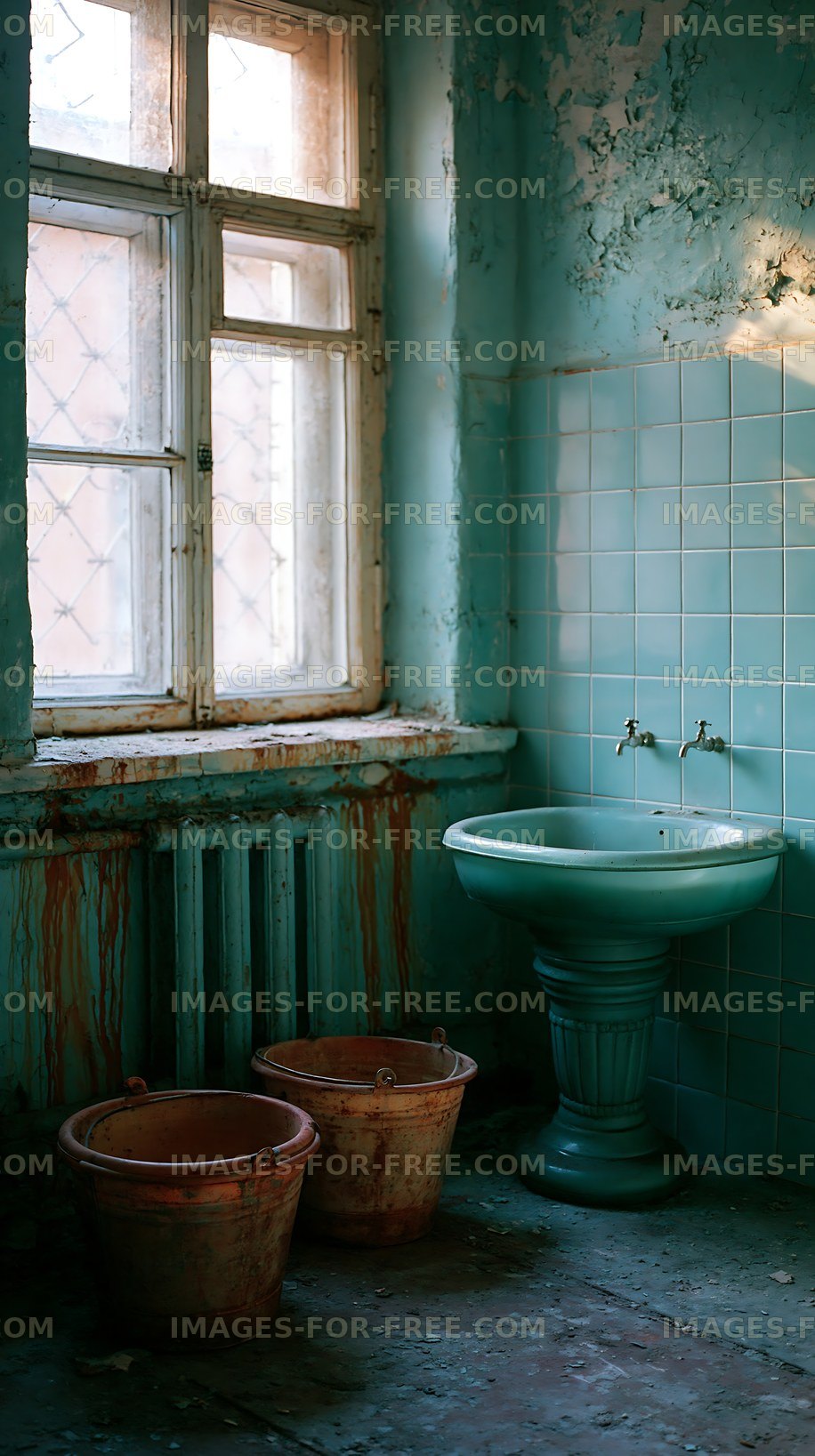 Old bathroom with blue tiles and rustic buckets