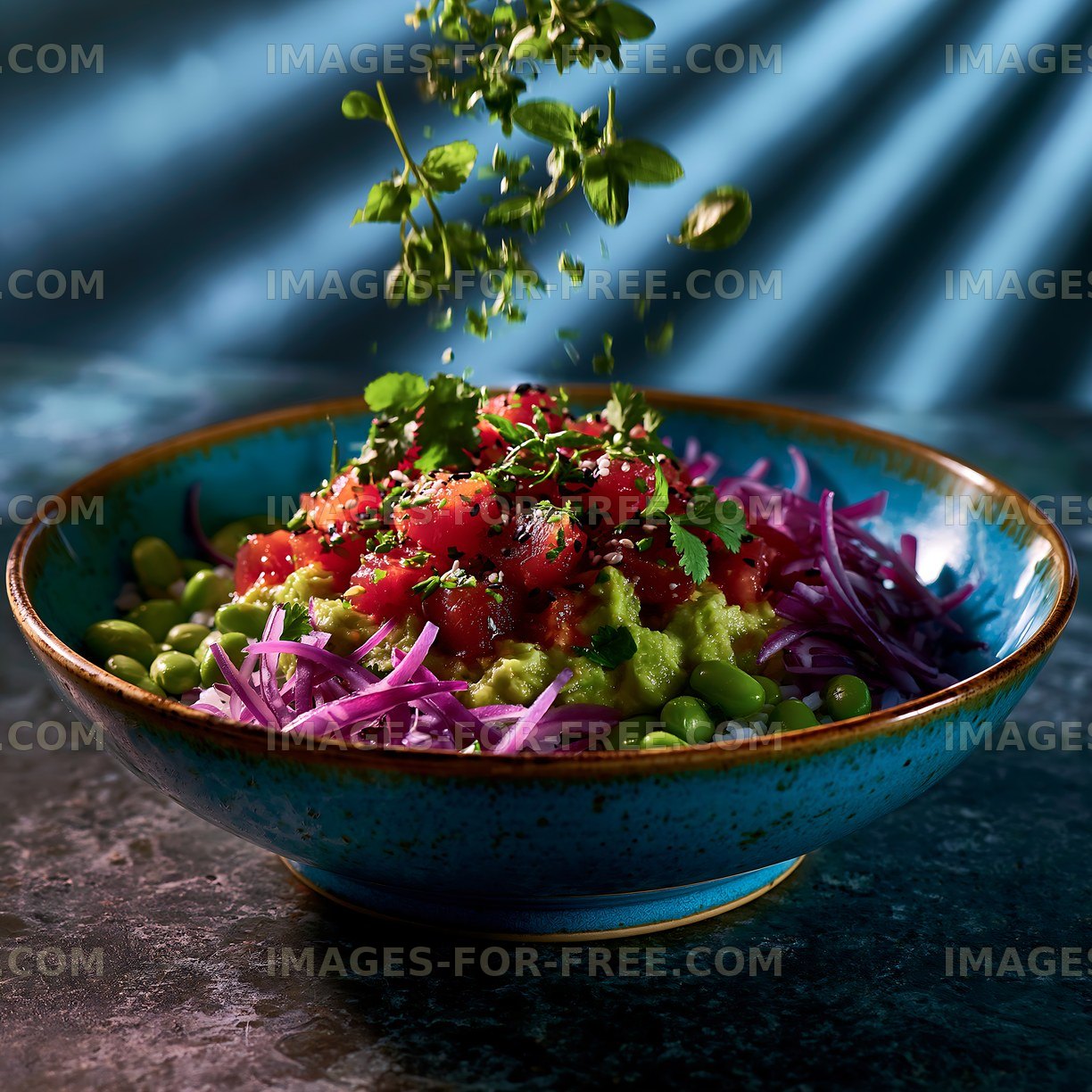 Salad bowl with fresh ingredients and herbs on a textured surface