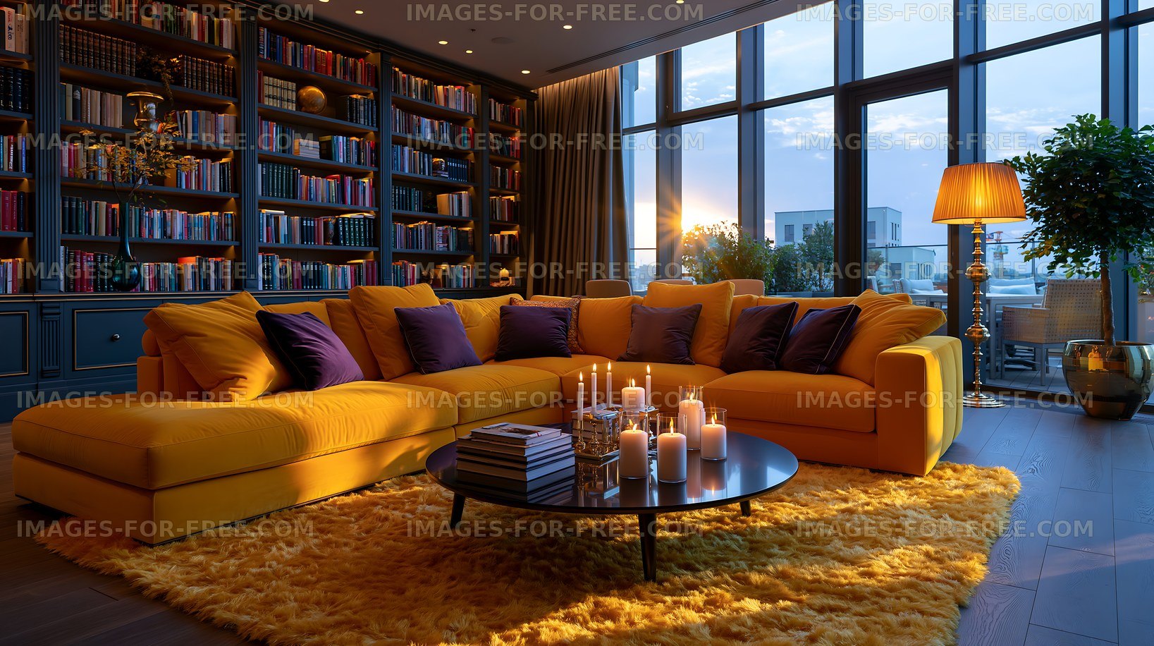 Cozy living room with yellow sofa and a view of the city