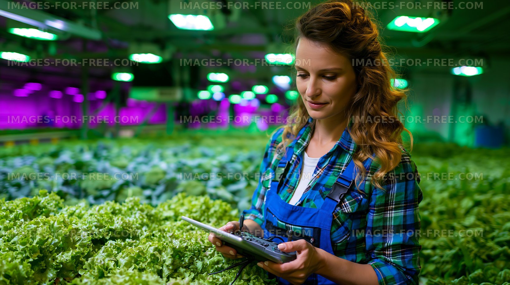 Woman using tablet in hydroponic farm with green vegetables