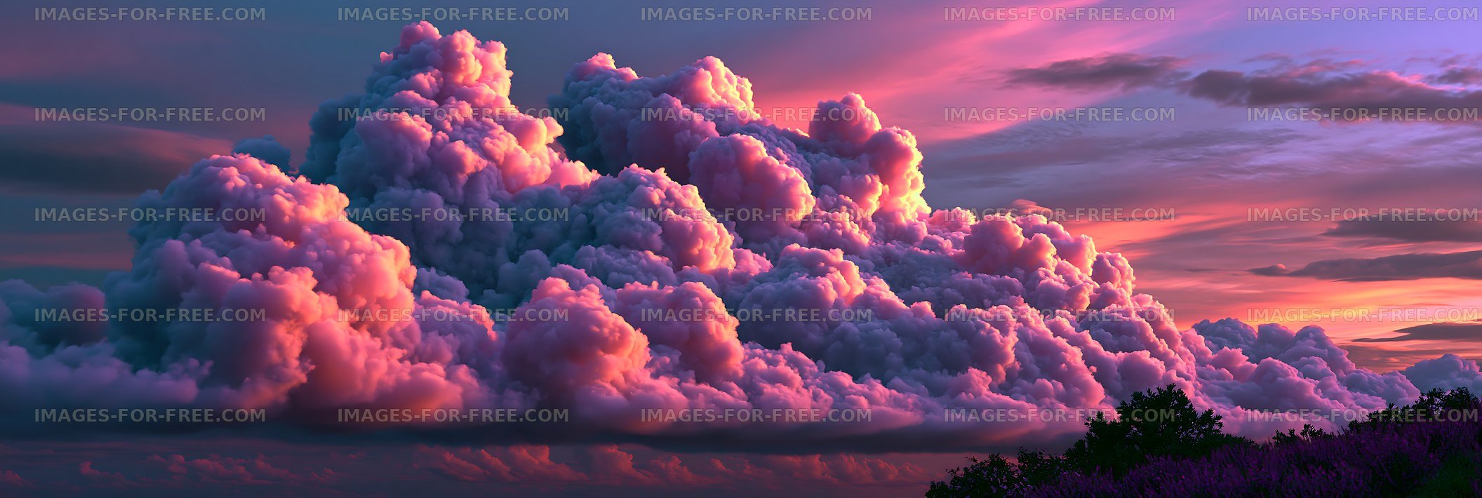 Colorful clouds in the evening sky over a valley with trees