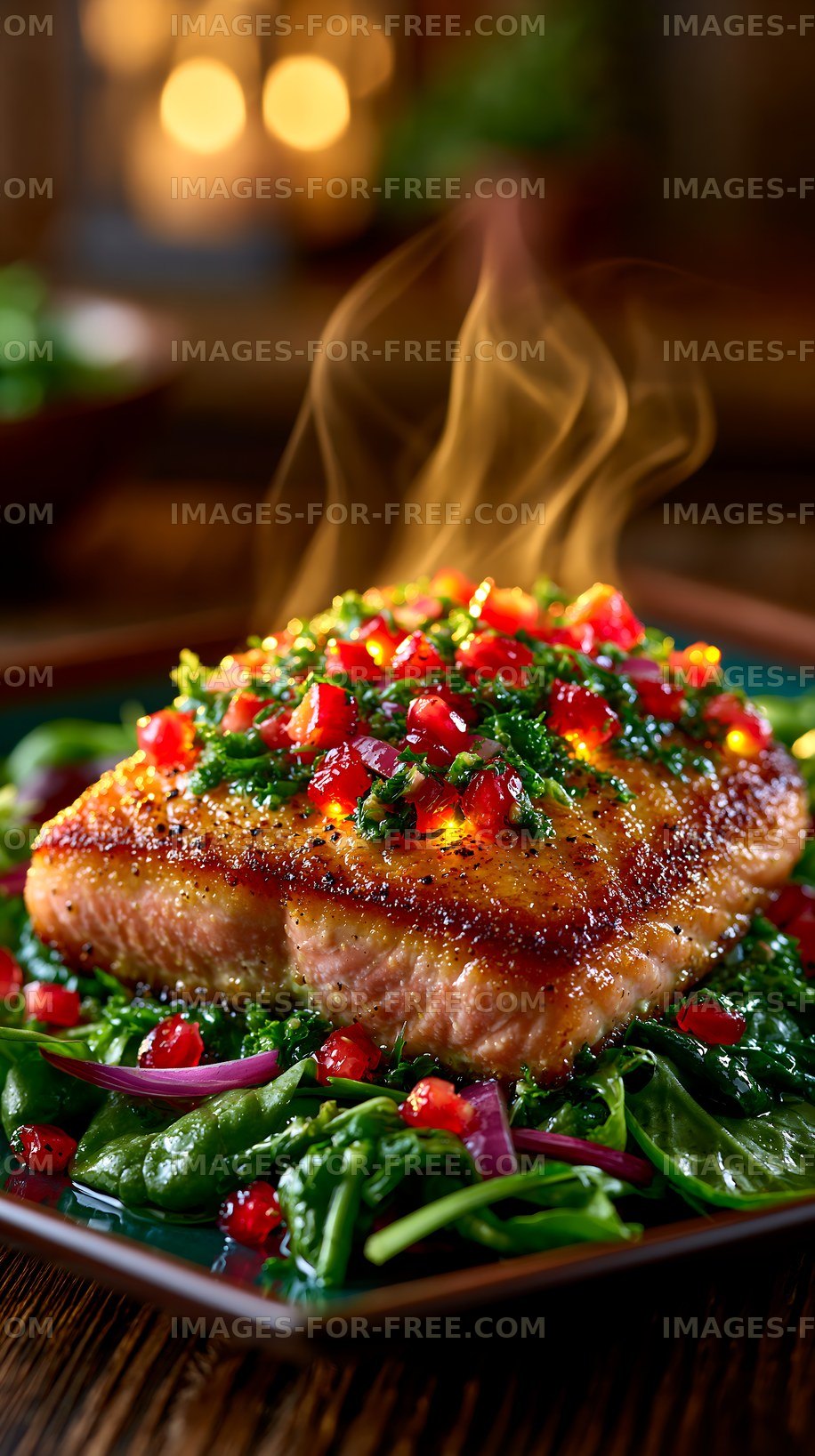 Grilled salmon with fresh vegetables and spices on a plate
