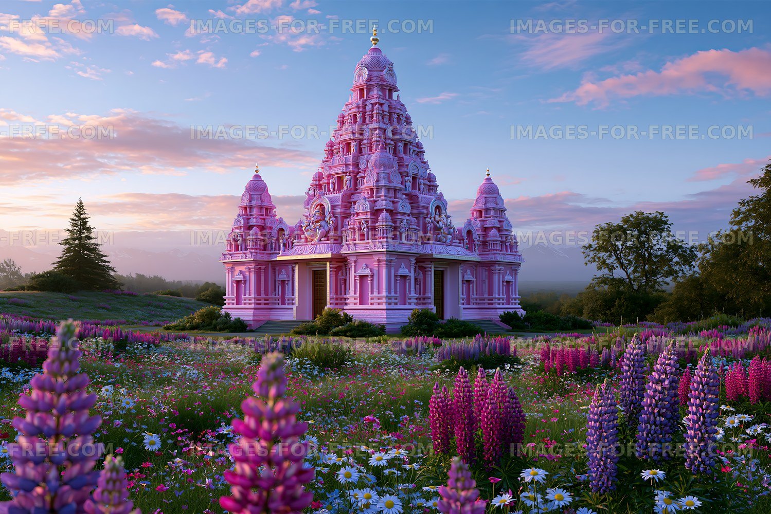 Colorful temple with flowers in the foreground at sunset