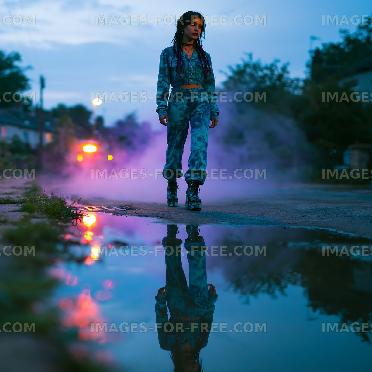 Young person walking in urban street at dusk with reflections