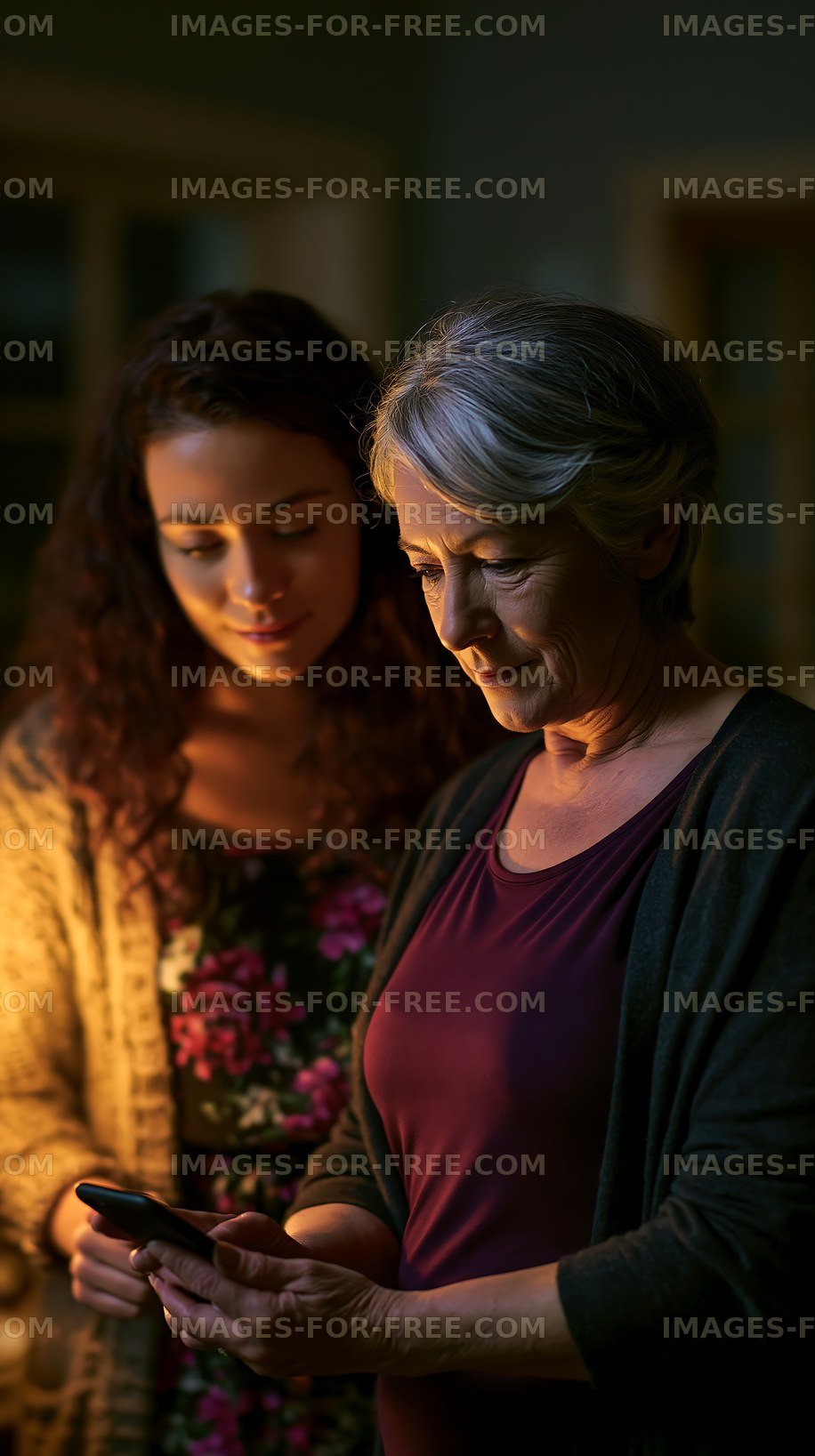 Women sharing a moment while looking at a smartphone in a dim room