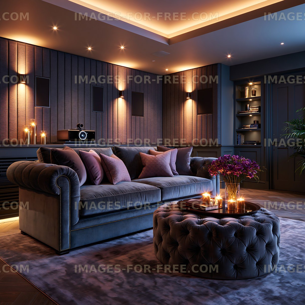 Cozy living room with modern decor and warm lighting