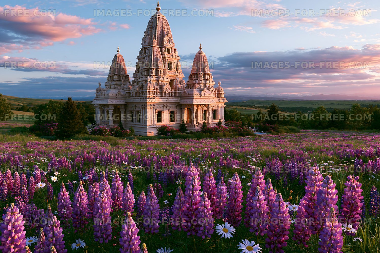 Temple surrounded by purple flowers at sunset