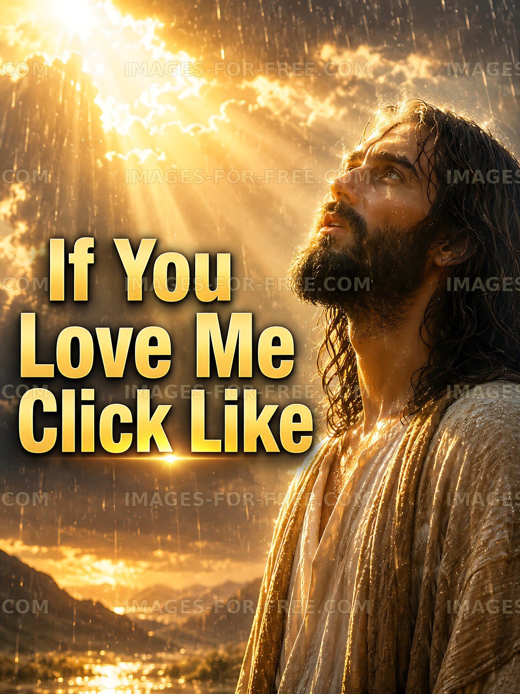 Man looking up at the sky with light rays shining down