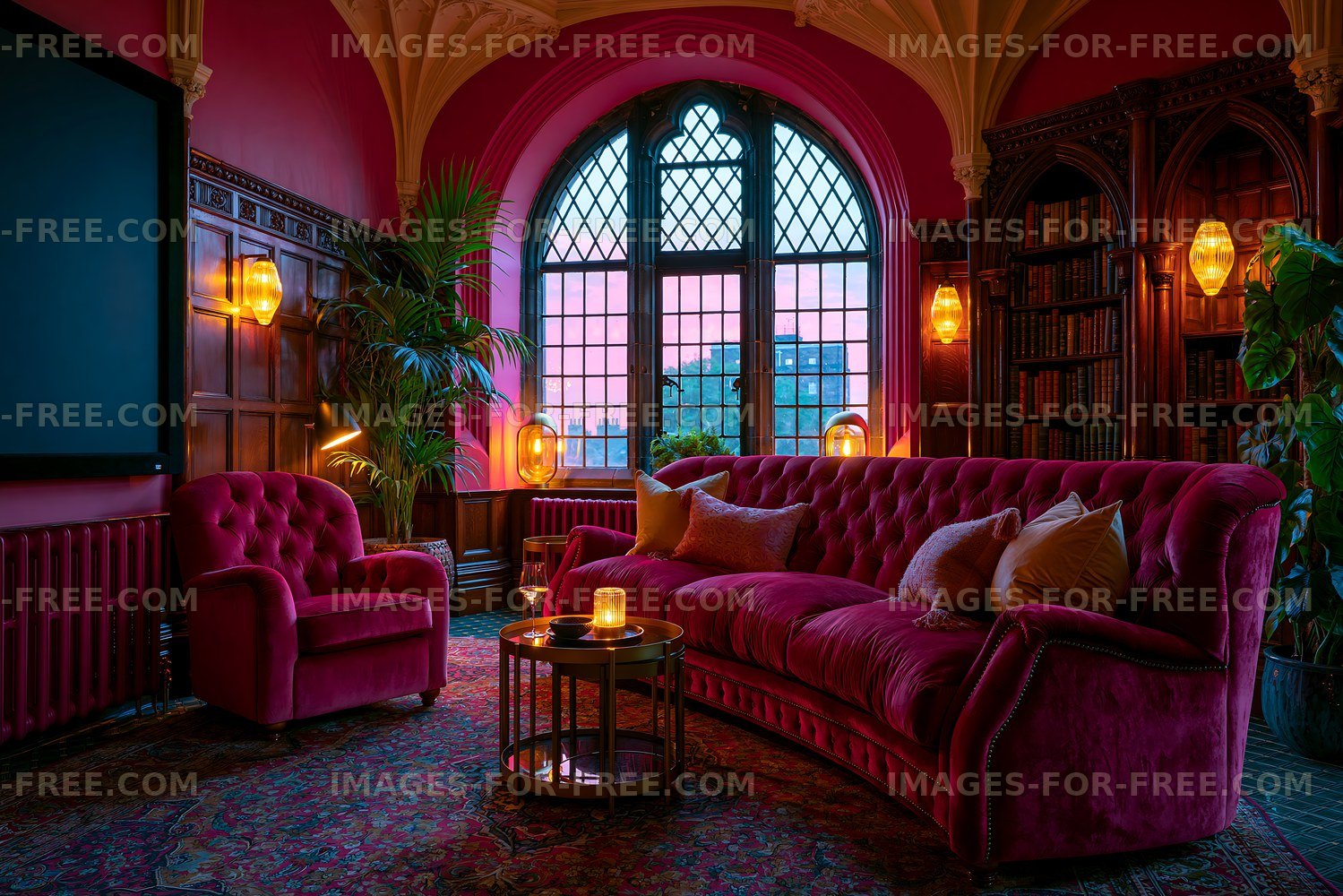 Cozy living room with velvet furniture and large windows at dusk