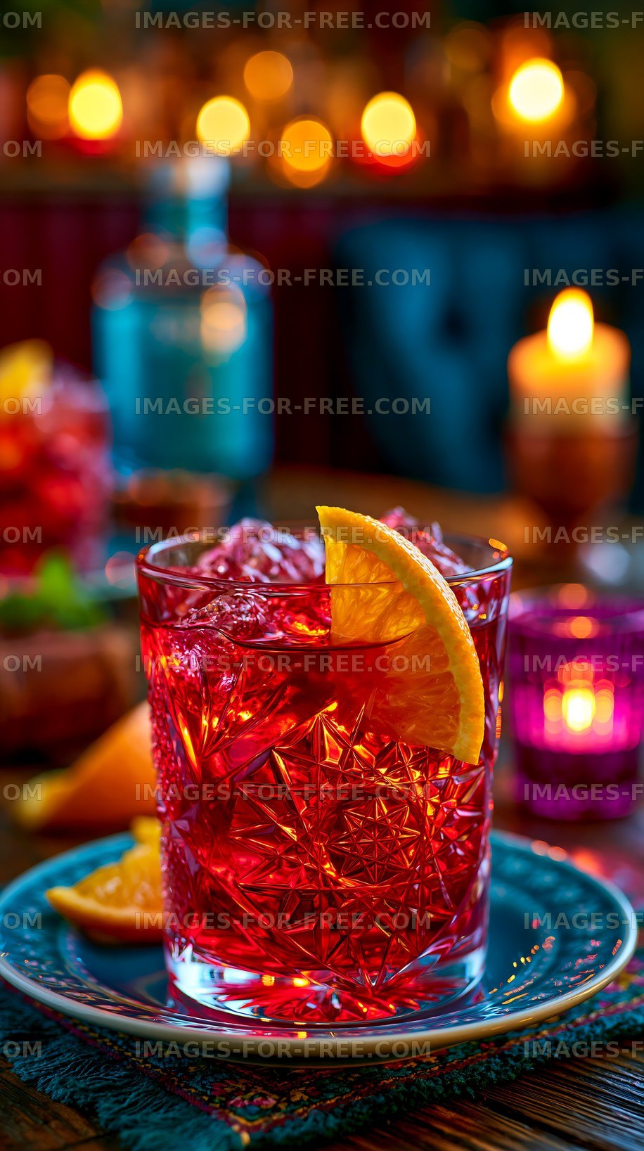 Bright cocktail with orange slice placed on a table